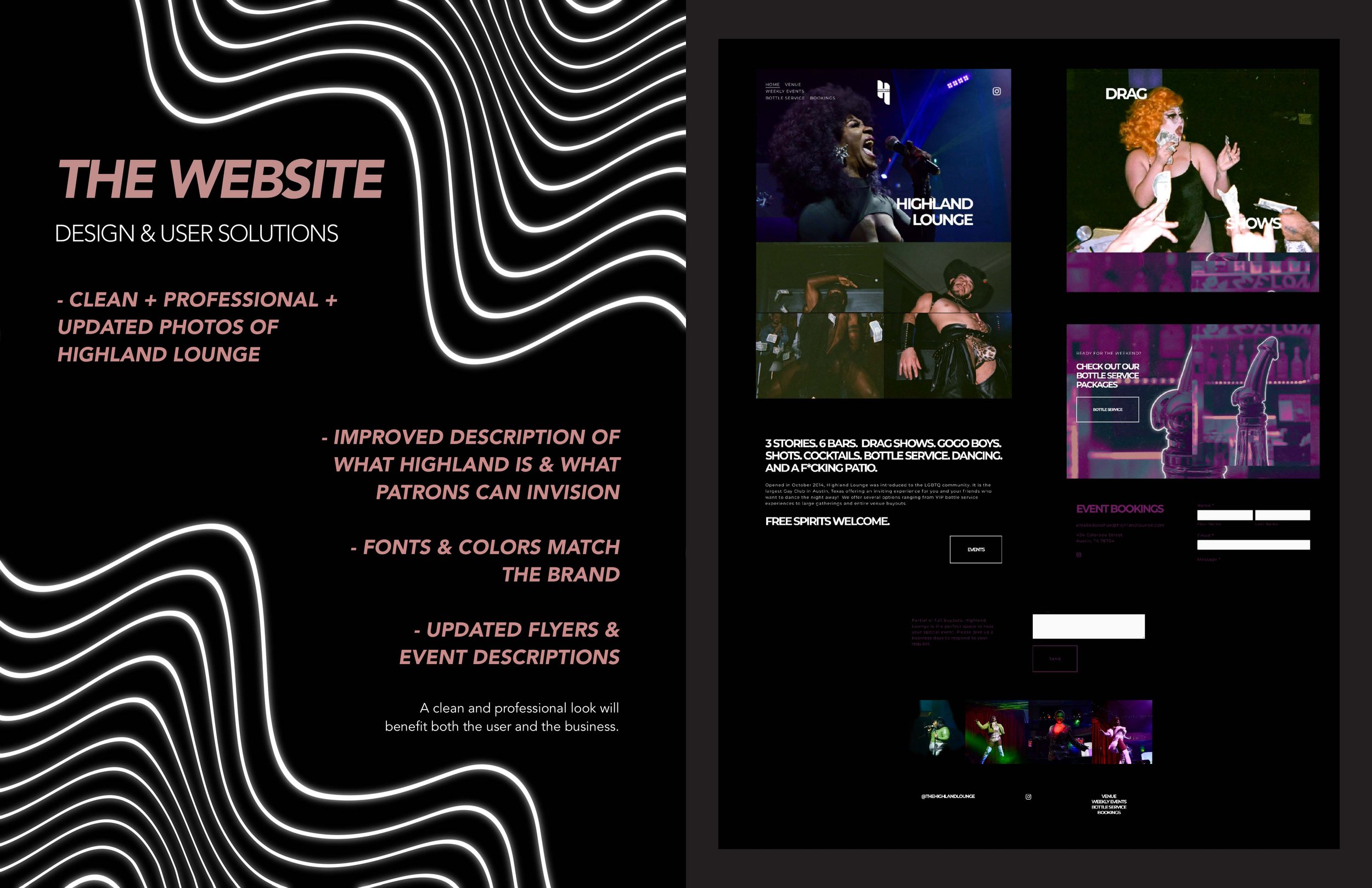 Design proposal for Highland Lounge website featuring neon wave graphics, project descriptions, and event photos with colorful lighting and performers.