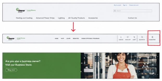 Original header above with an arrow pointing to iterations below. The iterations include a link to the business store in the header. The is an additional image of a "call to attention" banner that links to the business store.