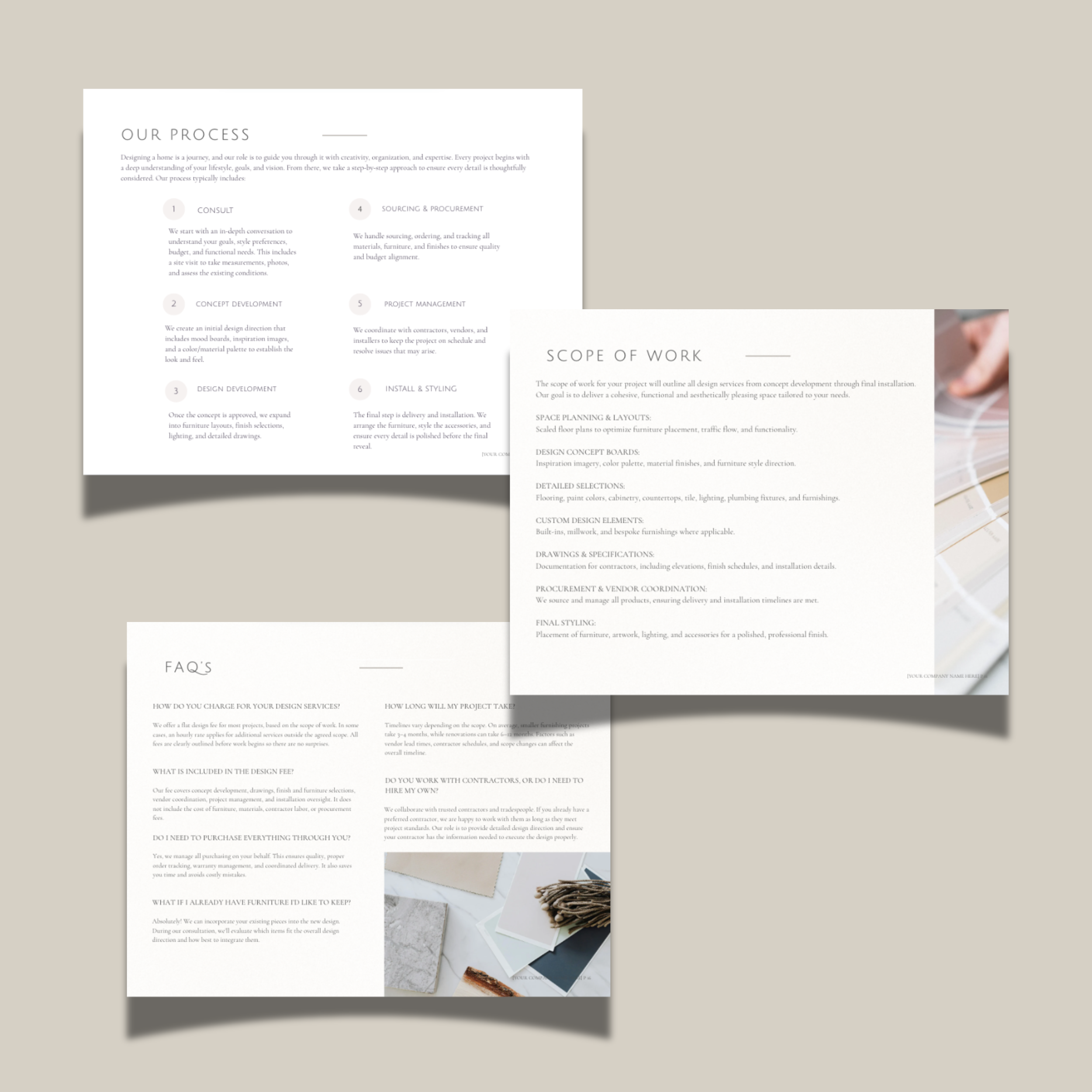 Three sheets of paper on a neutral background showing templates for an interior design proposal, scrope of work, faq page and our process page.