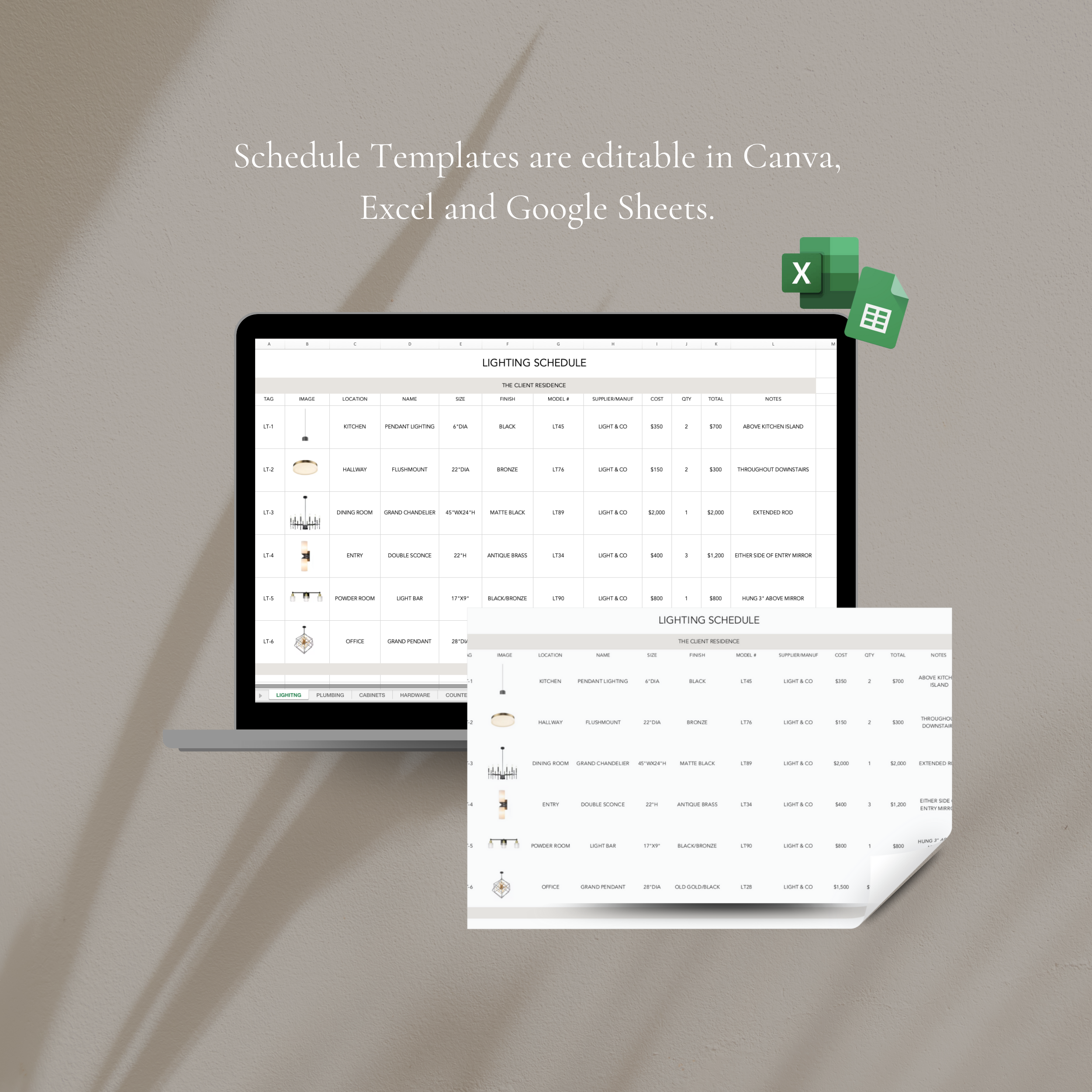 excel, google sheets and canva interior design scedule template