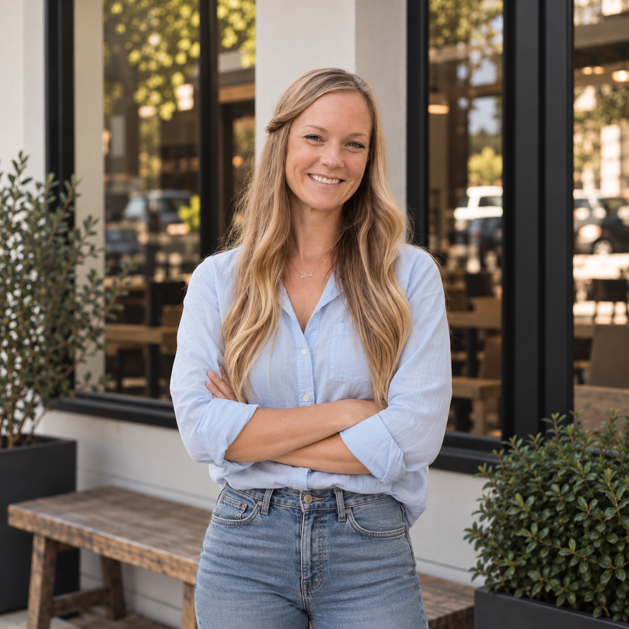 Lauren Spencer in jeans and a denim button up shirt standing outside of a modern coffee shop with neutral walls, black window panes and potted greenery outside.