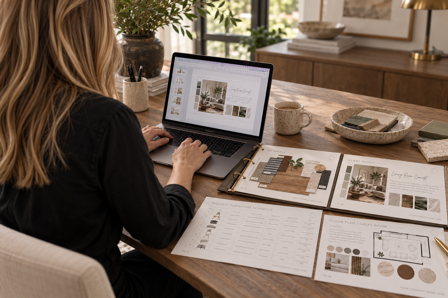 Design assistant sitting at a wood desk with custom interior design templates on the desk, working at a laptop creating Canva templates a ceramic bowl filled with fabric samples and ceramic coffee mug.