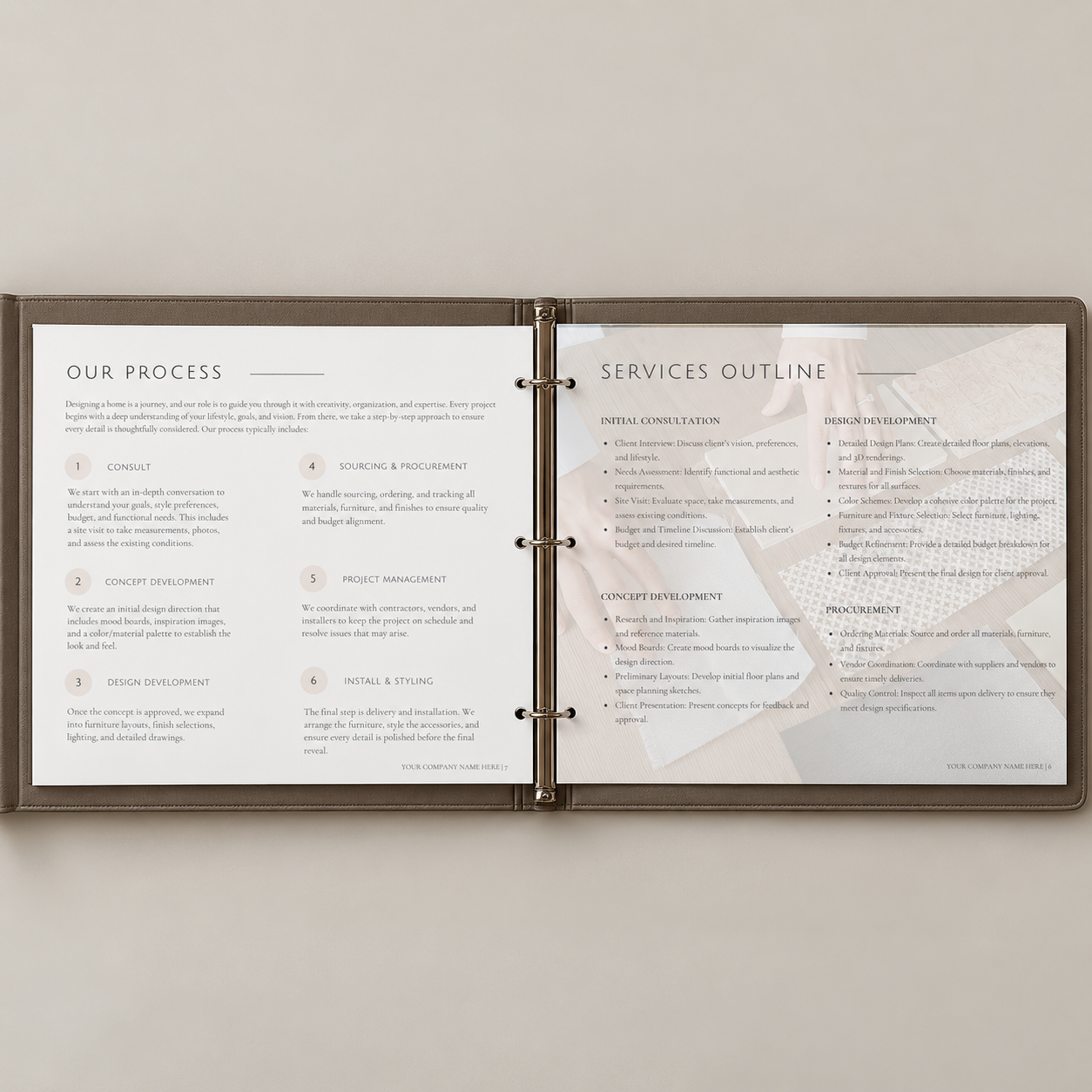 Neutral background with a binder showing pages of an interior design proposal with editable templates in Canva.