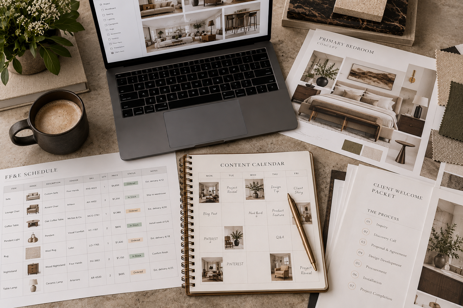 Neutral and natural aesthetic office setting with ffe and social media calendar printed on sheets of paper on the desk with a laptop showing an image of a website portfolio