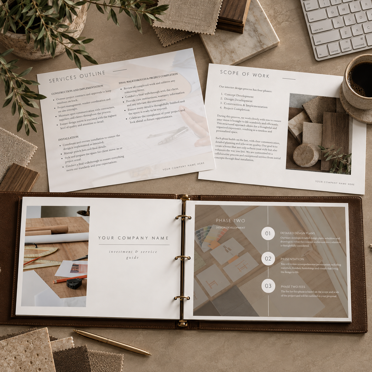 Interior Design portfolio with pages of a design proposal and presentation. Neutral background with editorial style photoshoot.