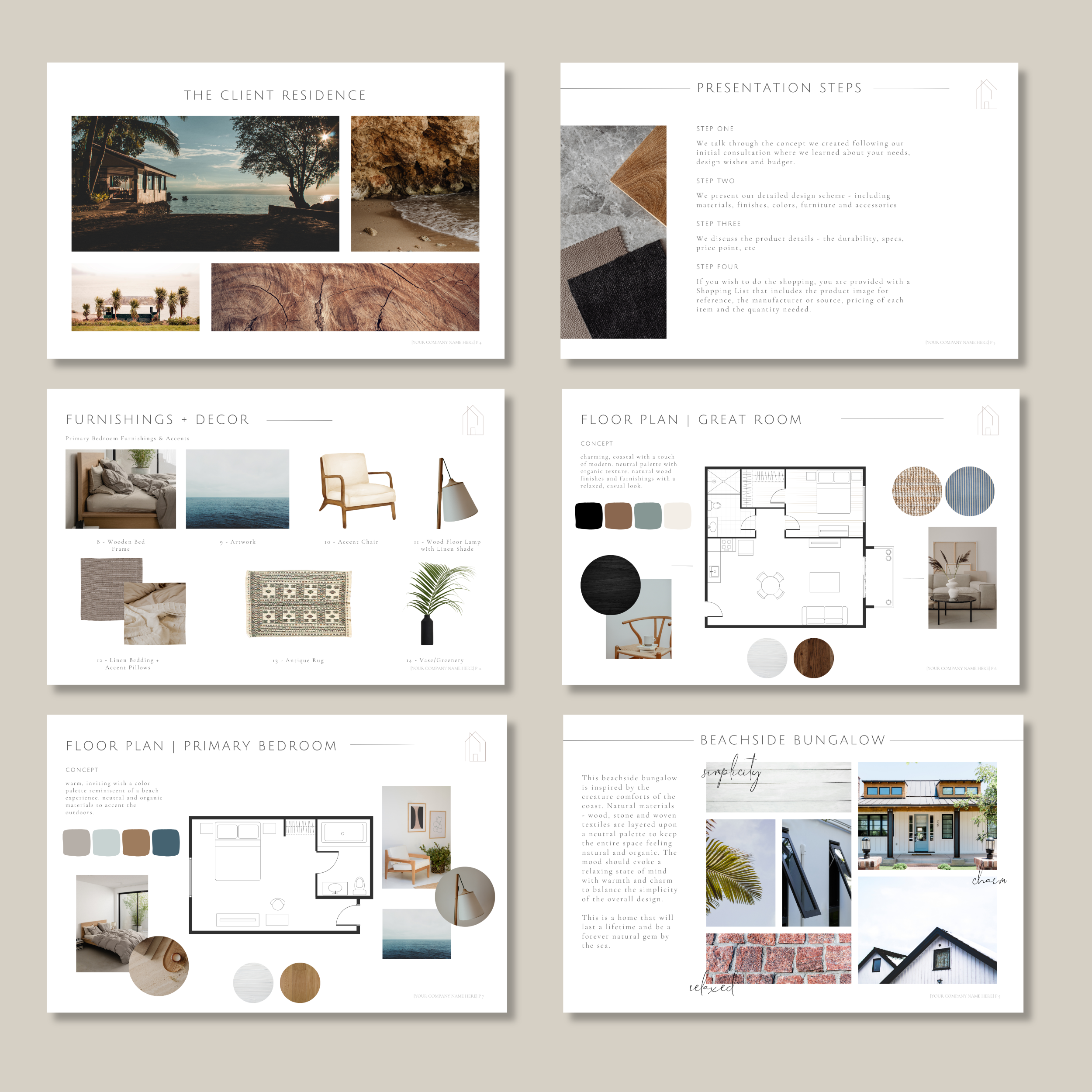 Interior design templates, custom created on canva. Sheets of paper on a neutral background showing floor plan and samples, inspiration board, furnishings and decor guide.