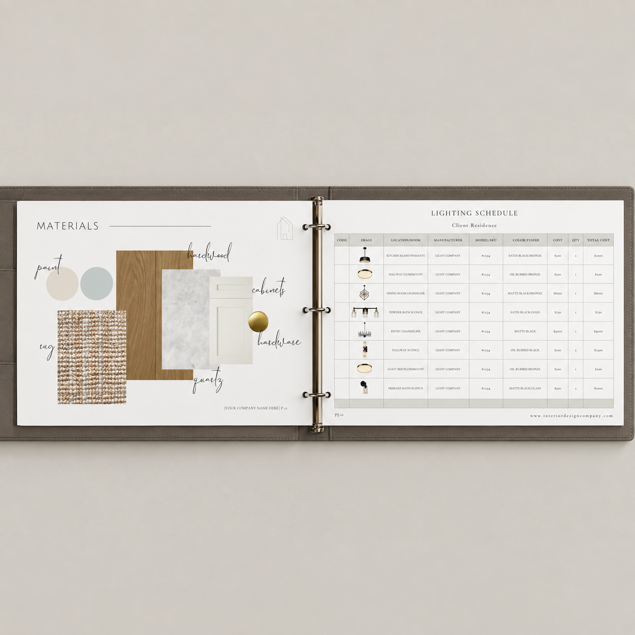Interior design presentation portfolio binder with custom printed FFE schedule templates displayed.