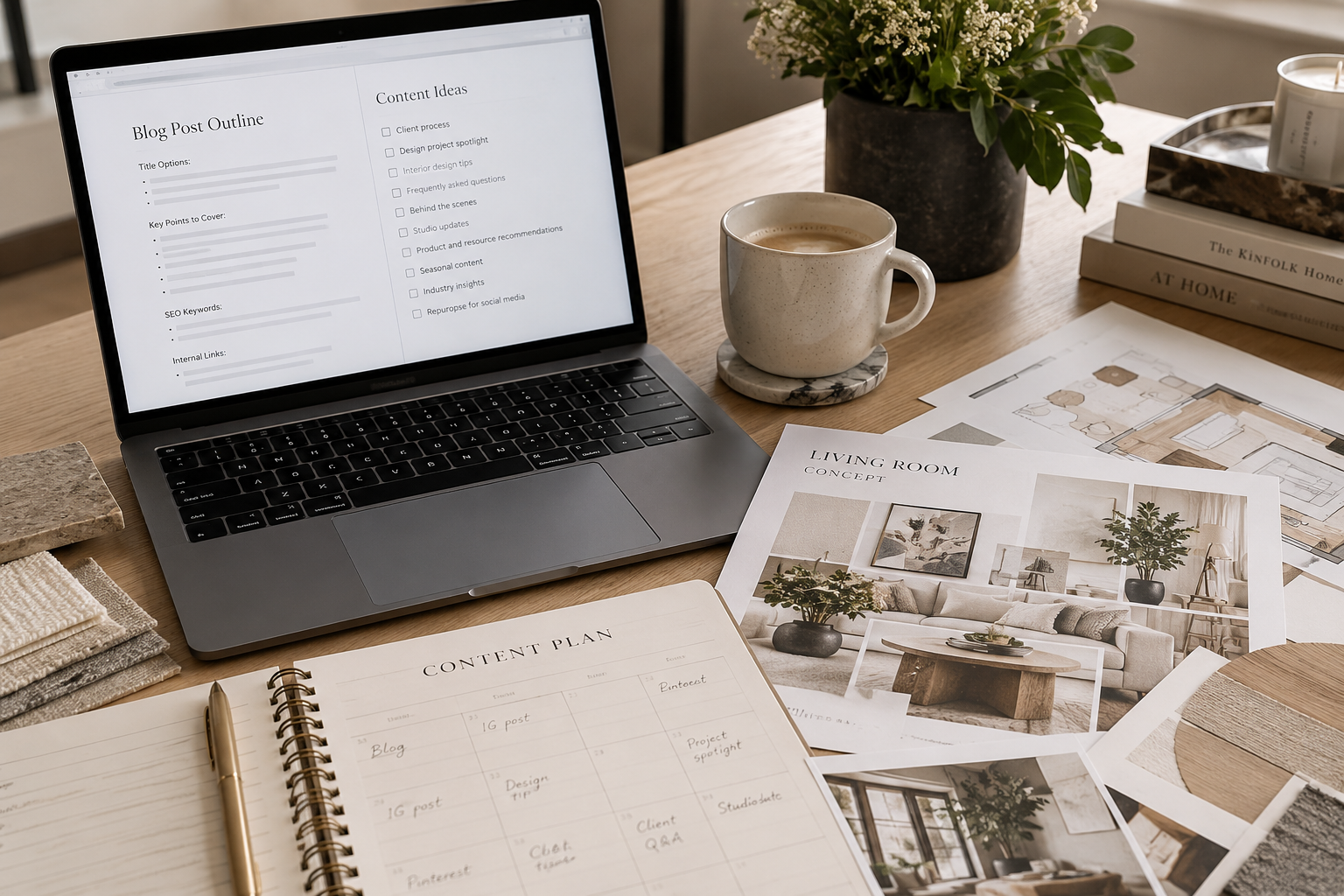 Image of a laptop on a neutral, modern style aesthetic office setting with interior design templates printed on sheets of paper.