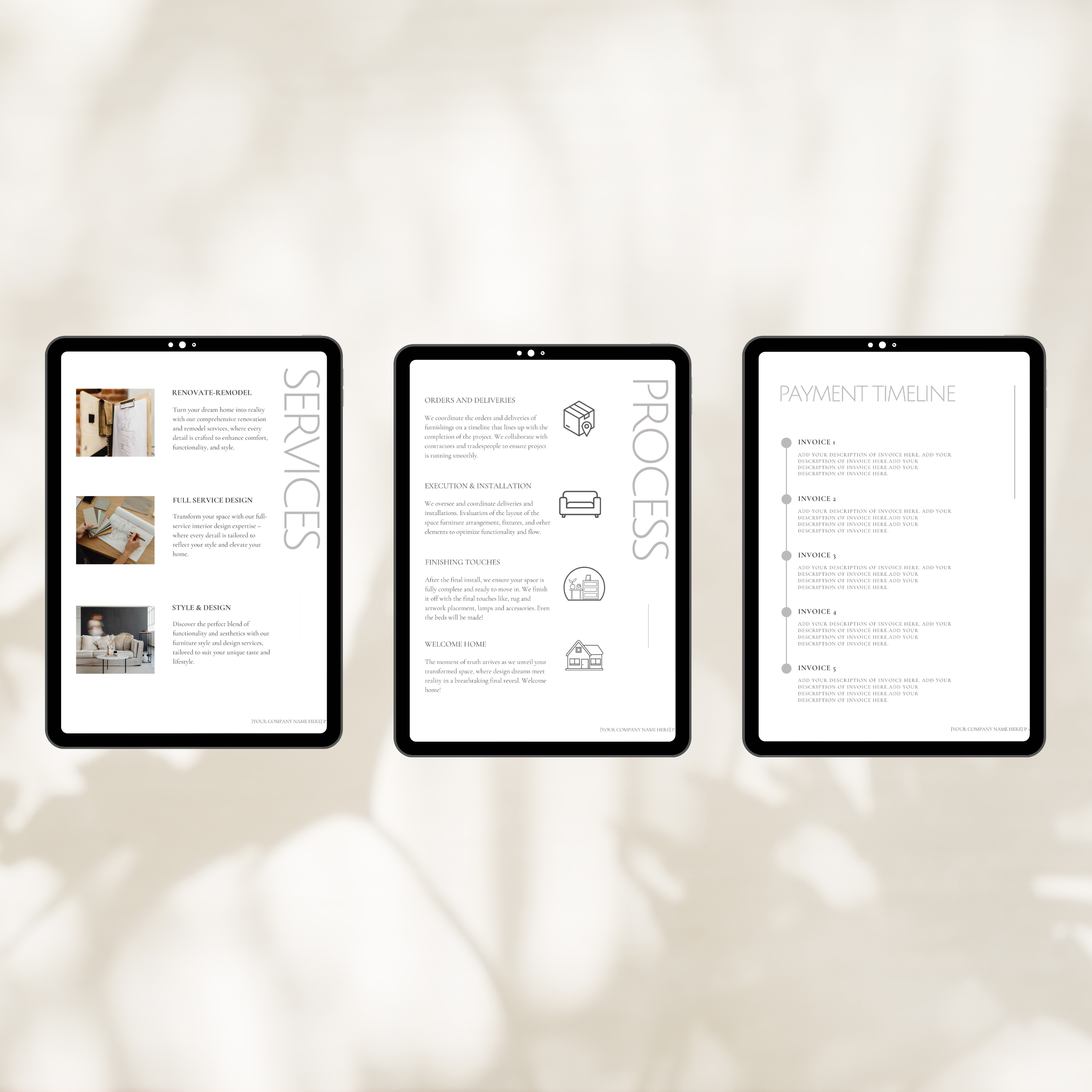 3 ipads on a neutral background showing pages of a custom template for a Client Welcome Guide for an interior design presentation. Neutral colors and simple, modern text.