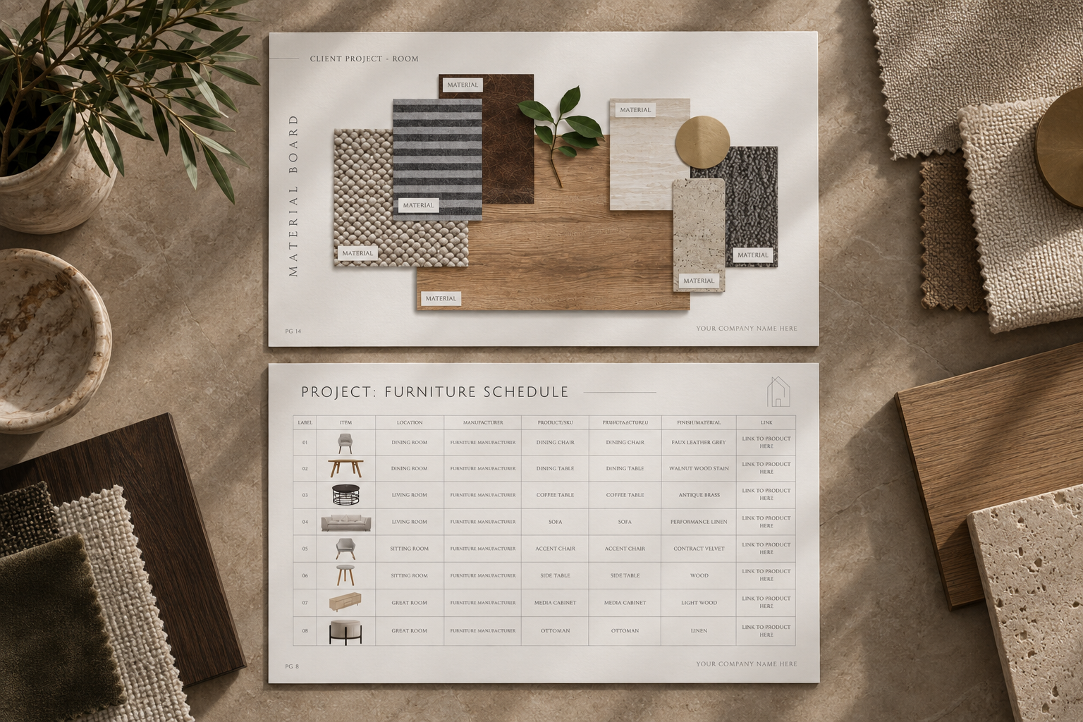 Interior design custom templates printed and displayed on a neutral desk. FF&E Schedule with furnishings, and a material board in a flatlay style.