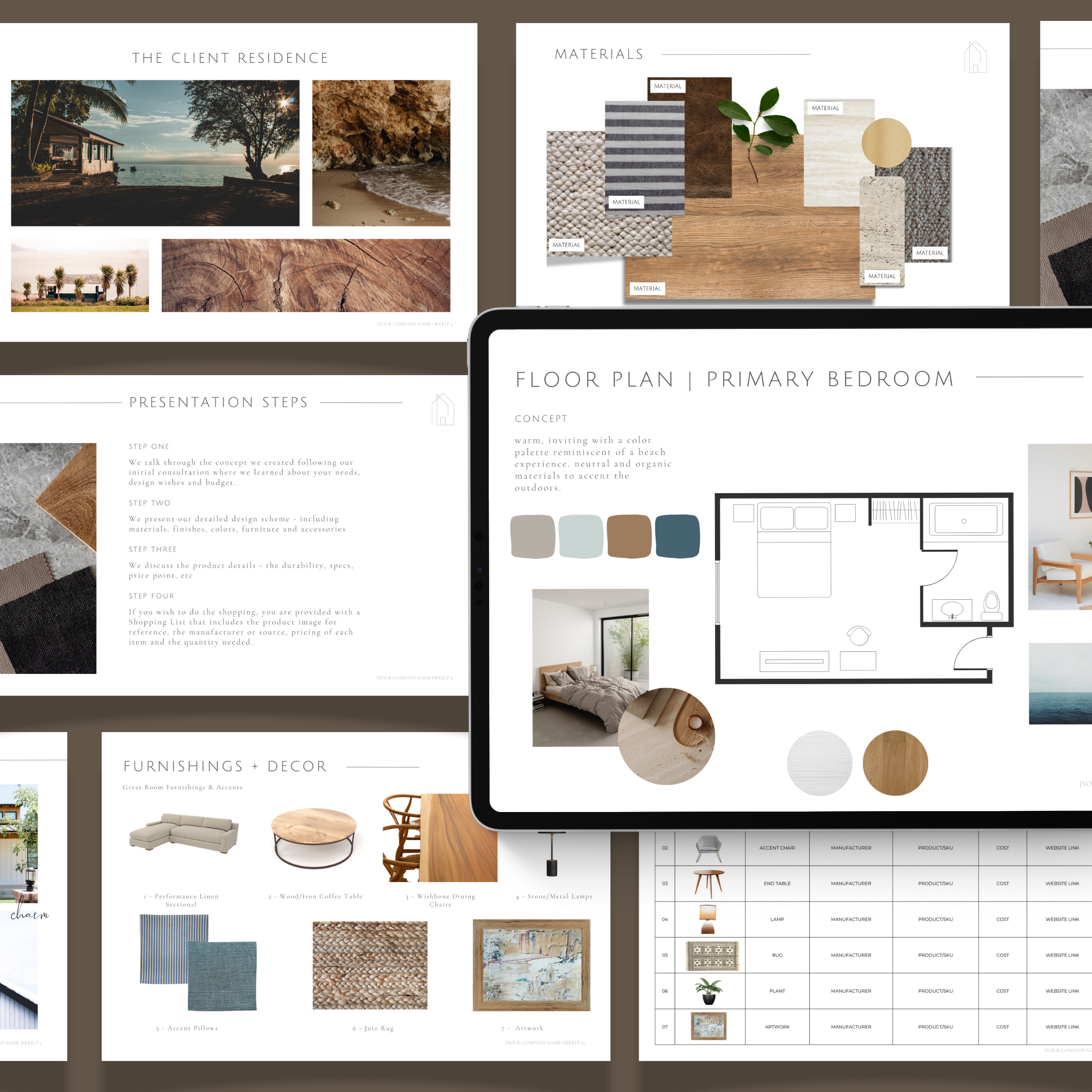 Interior design presentation templates for digital download or printable.