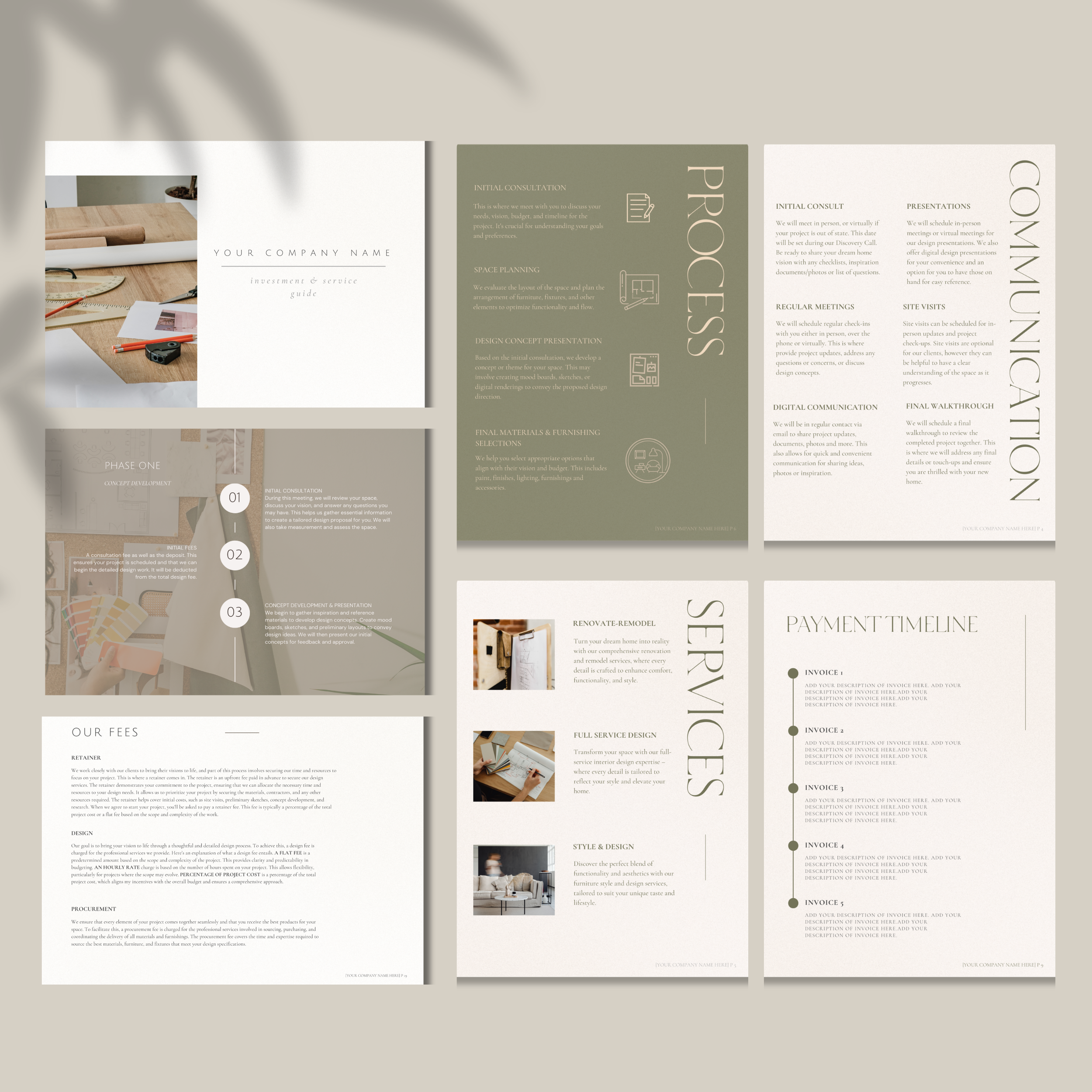 Interior Design service and agreement templates with process procedure and communication pageNeutral background with editorial style photoshoot.