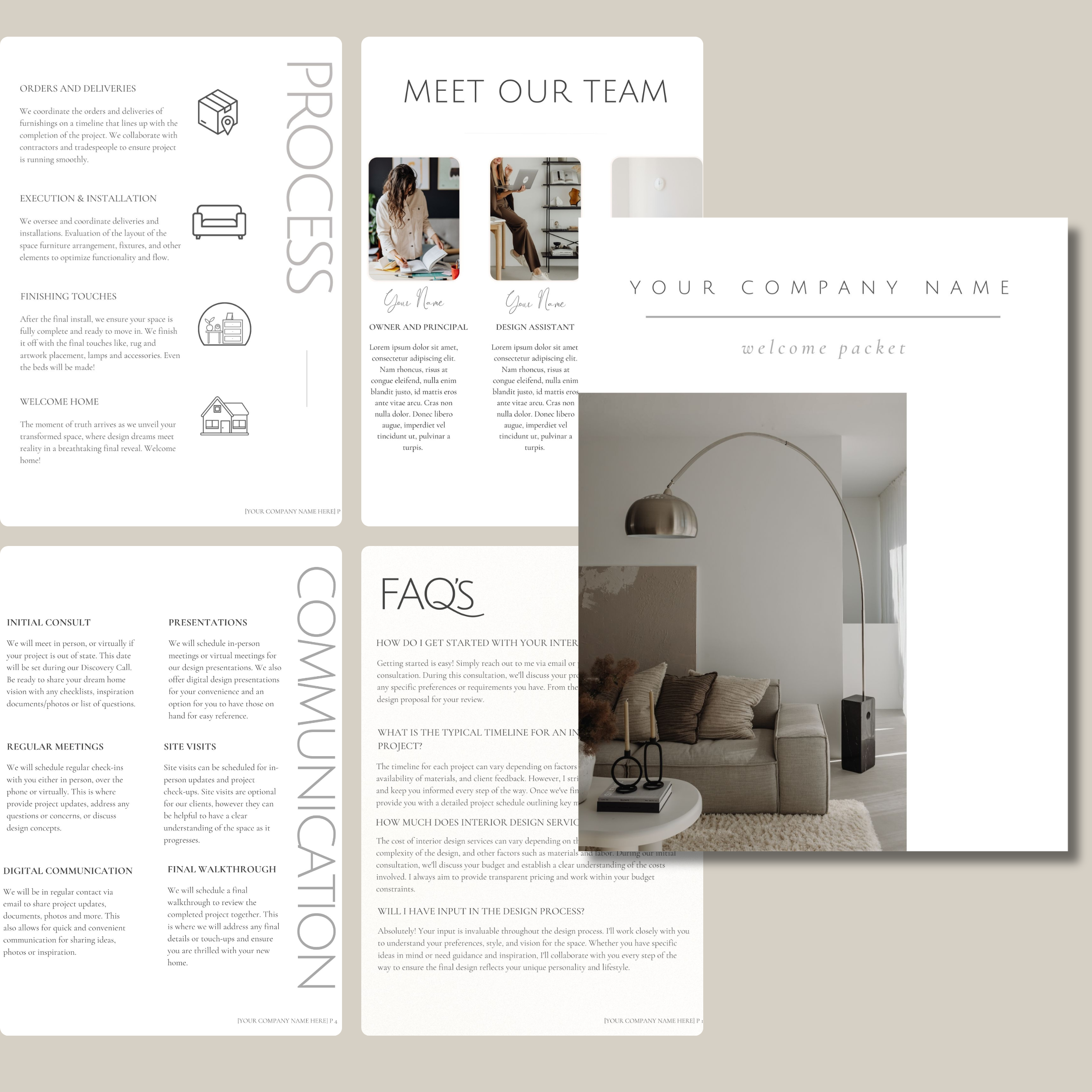 Neutral, modern style interior design welcome guide custom templates created on canva. A neutral background with white sheets of paper with templates printed. Includes process, faq, meet our team and communication guide.