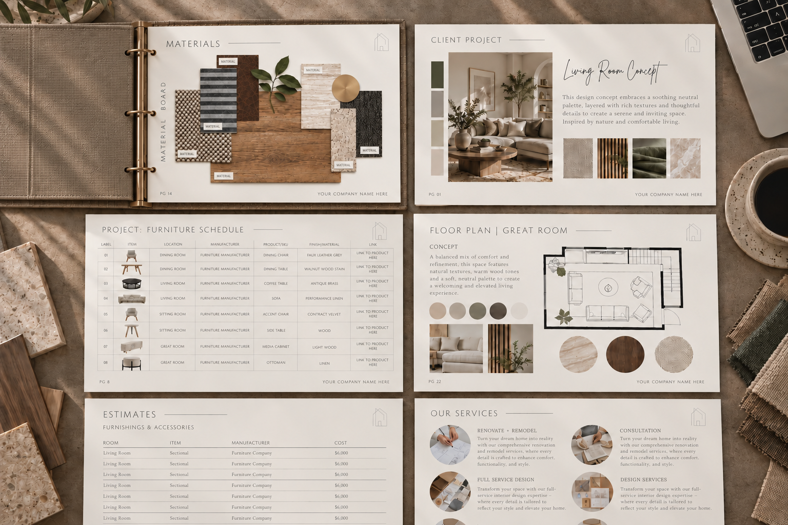 A rustic modern desk showing 6 sheets of paper in printed custom interior design templates, FFE schedule, floor plans, design concept, material board, estimates and design services.