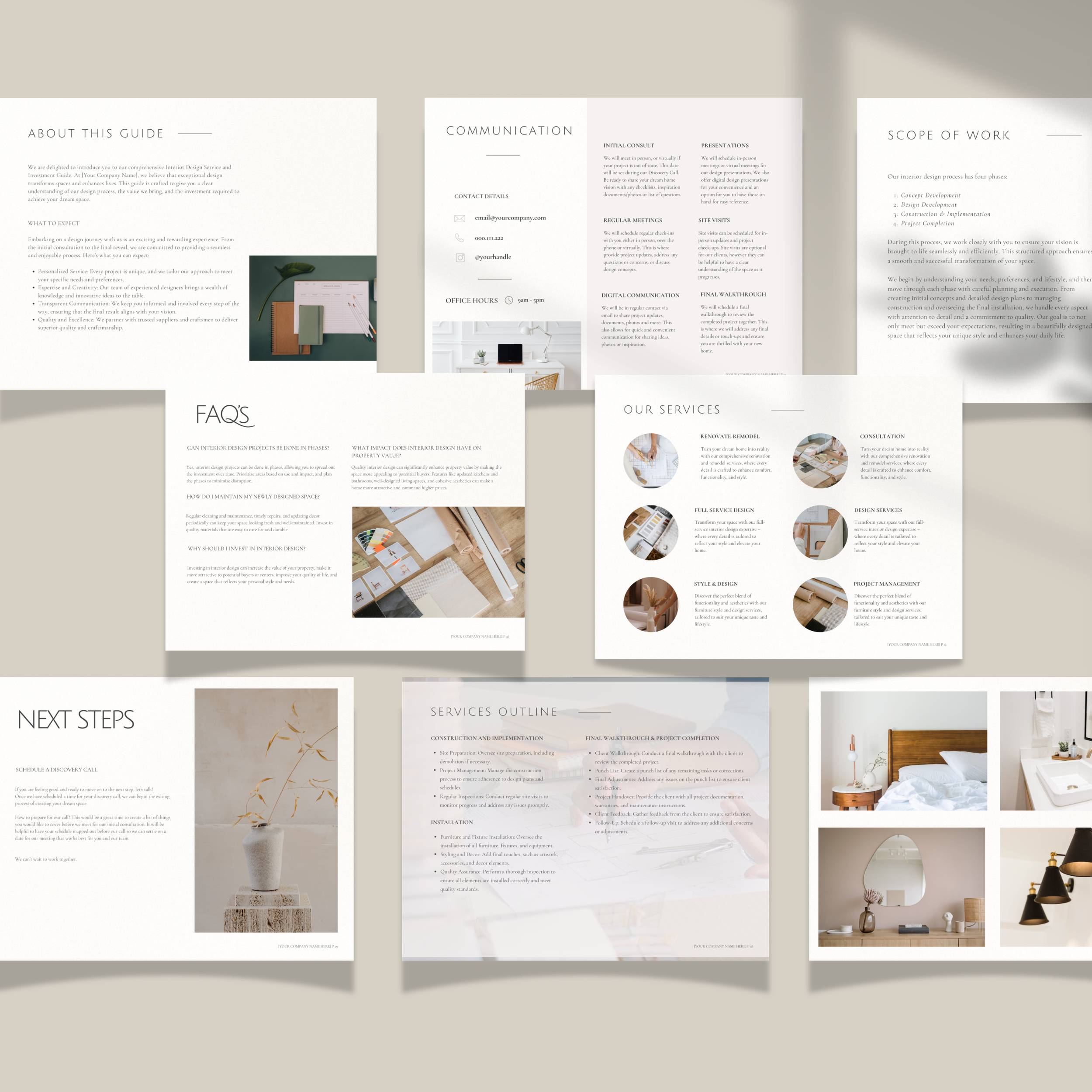 modern style interior design investment and service guide templates, printed out sheets of paper with templates on a neutral background.