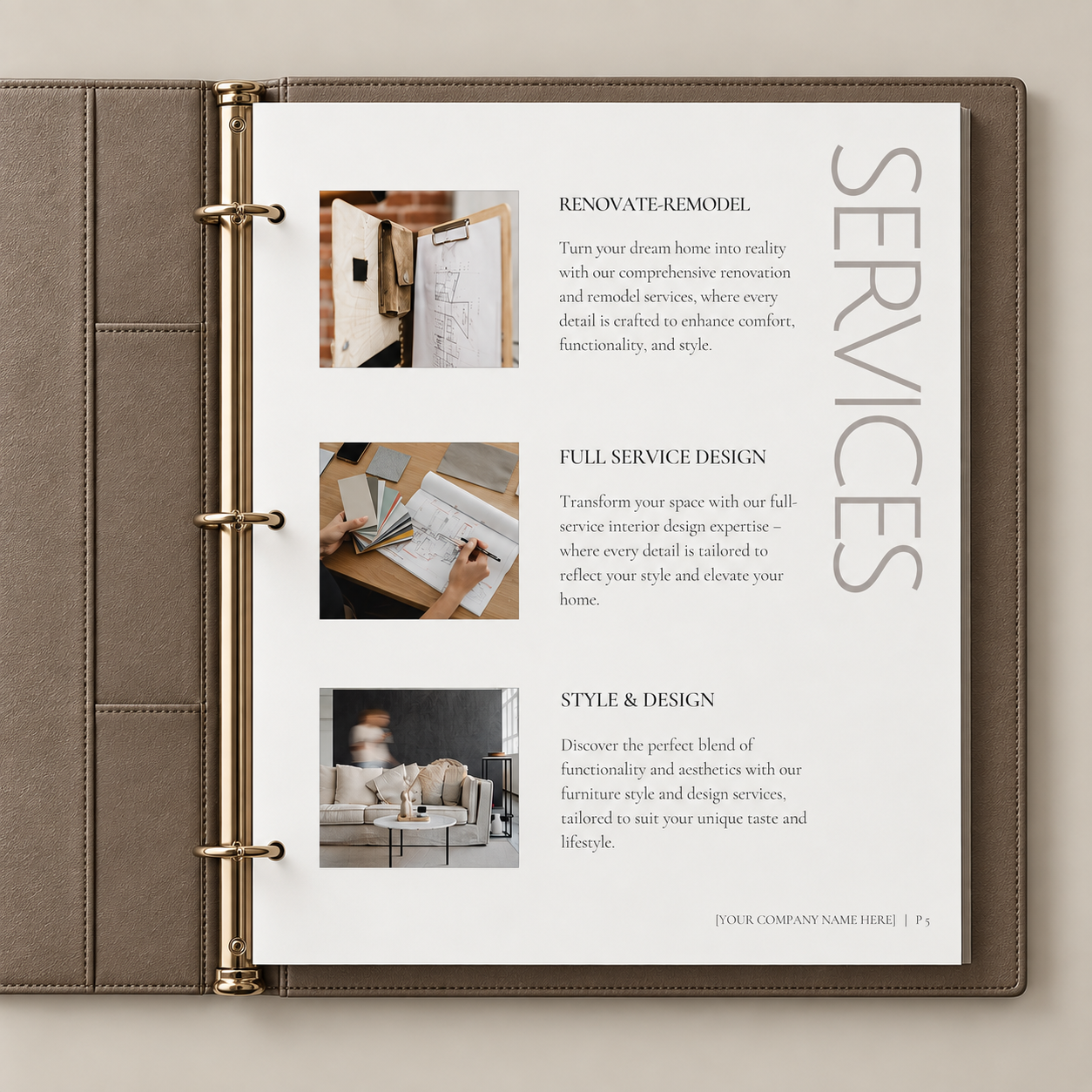 Client Welcome binder with a custom template page showing meeting checklist for client presentation. Neutral background, white page with a brown leather binder.