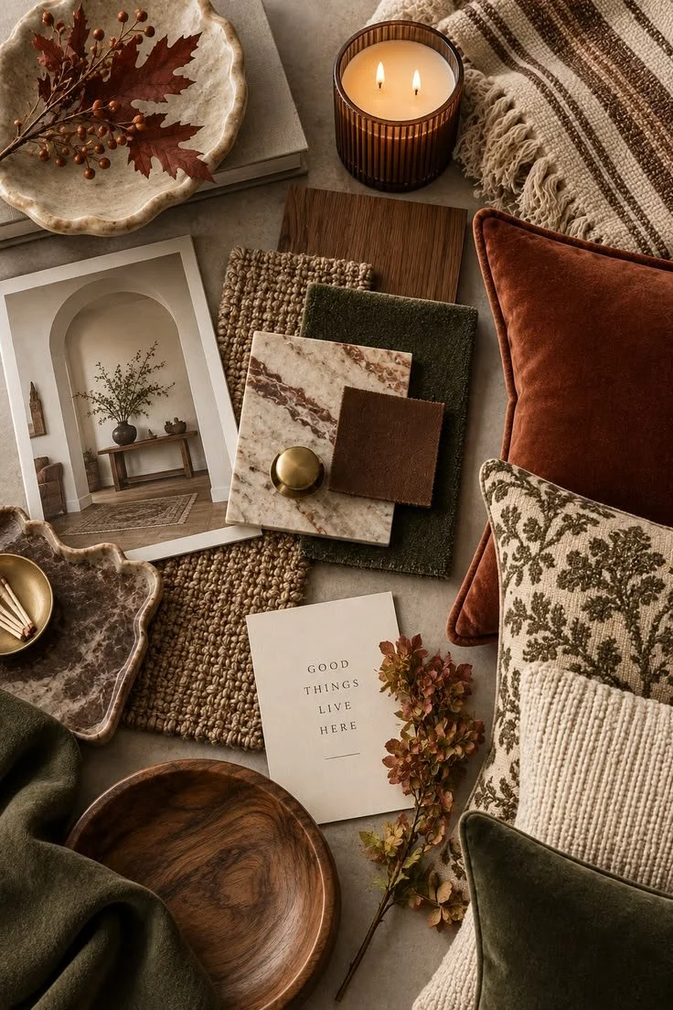 Anthropologie products inspired a fall flatlay moodboard for interior design. Warm wood tones, moody color palette and natural textures in fabrics and materials.