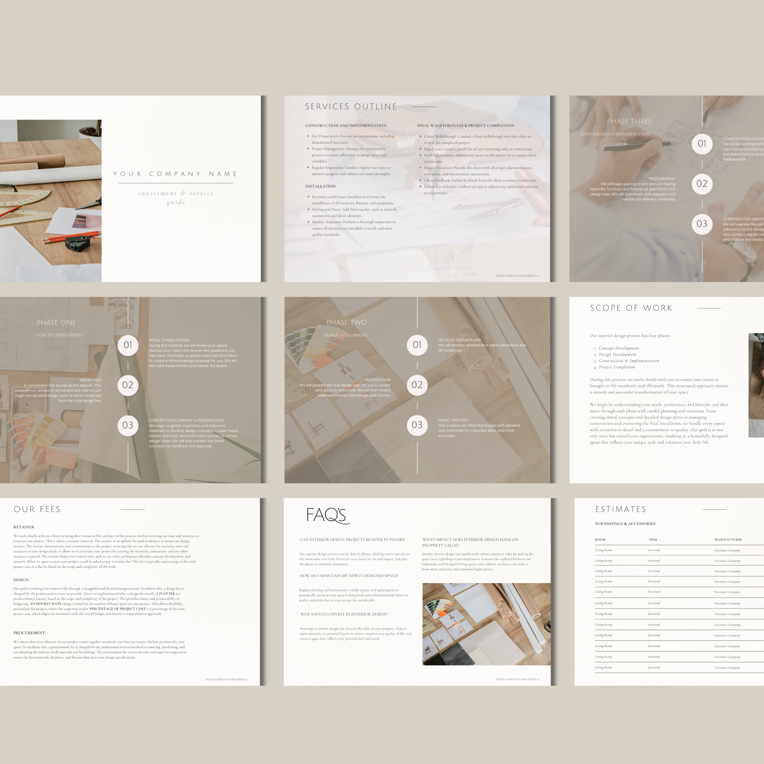 Pages for a template of an interior design service and agreement package. Modern style text and neutral color palette that can be edited in Canva.