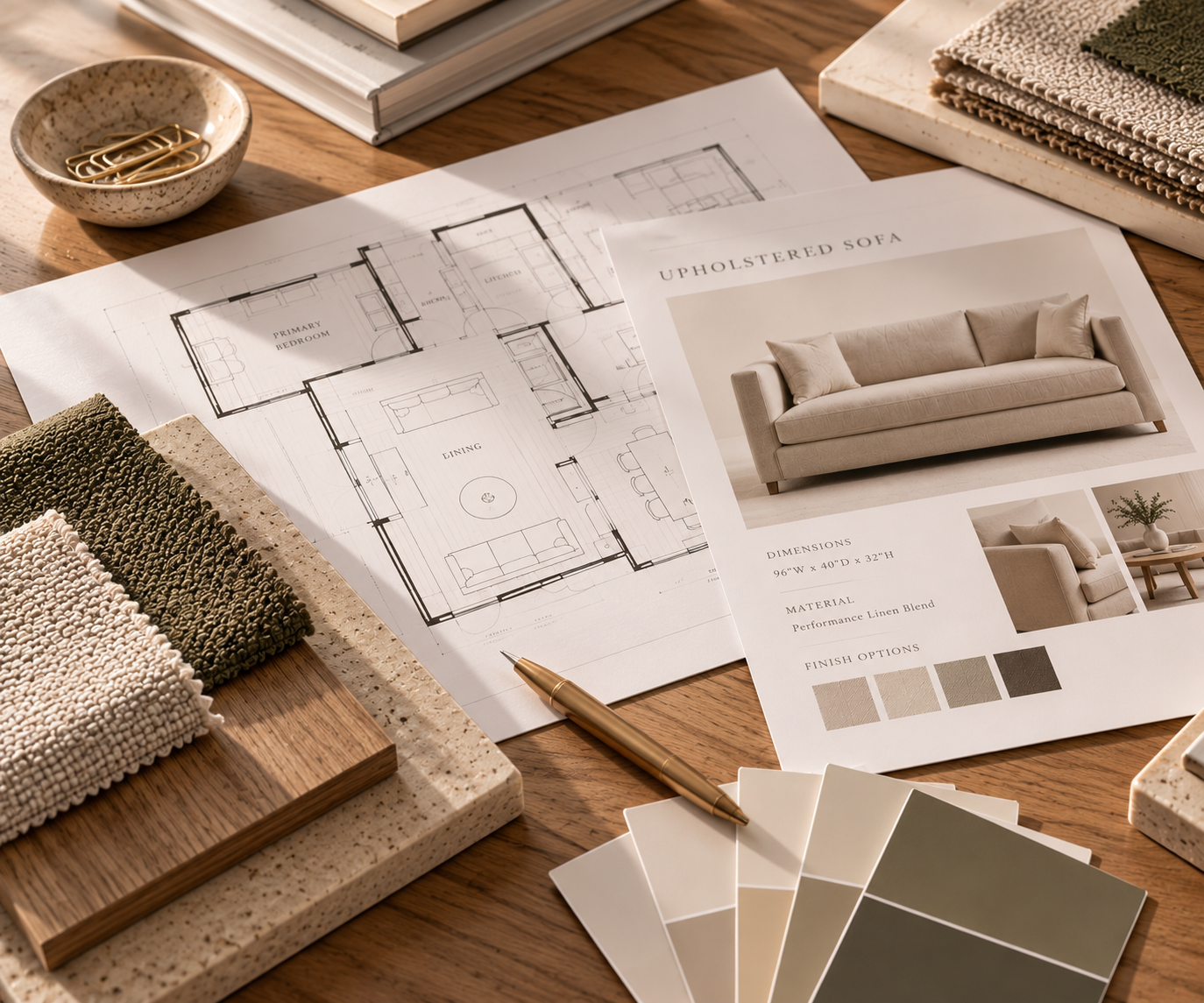 Desk with floorplans, sofa tearsheet, paint samples, fabric samples for an interior design project. Neutral tones and natural texture textiles.