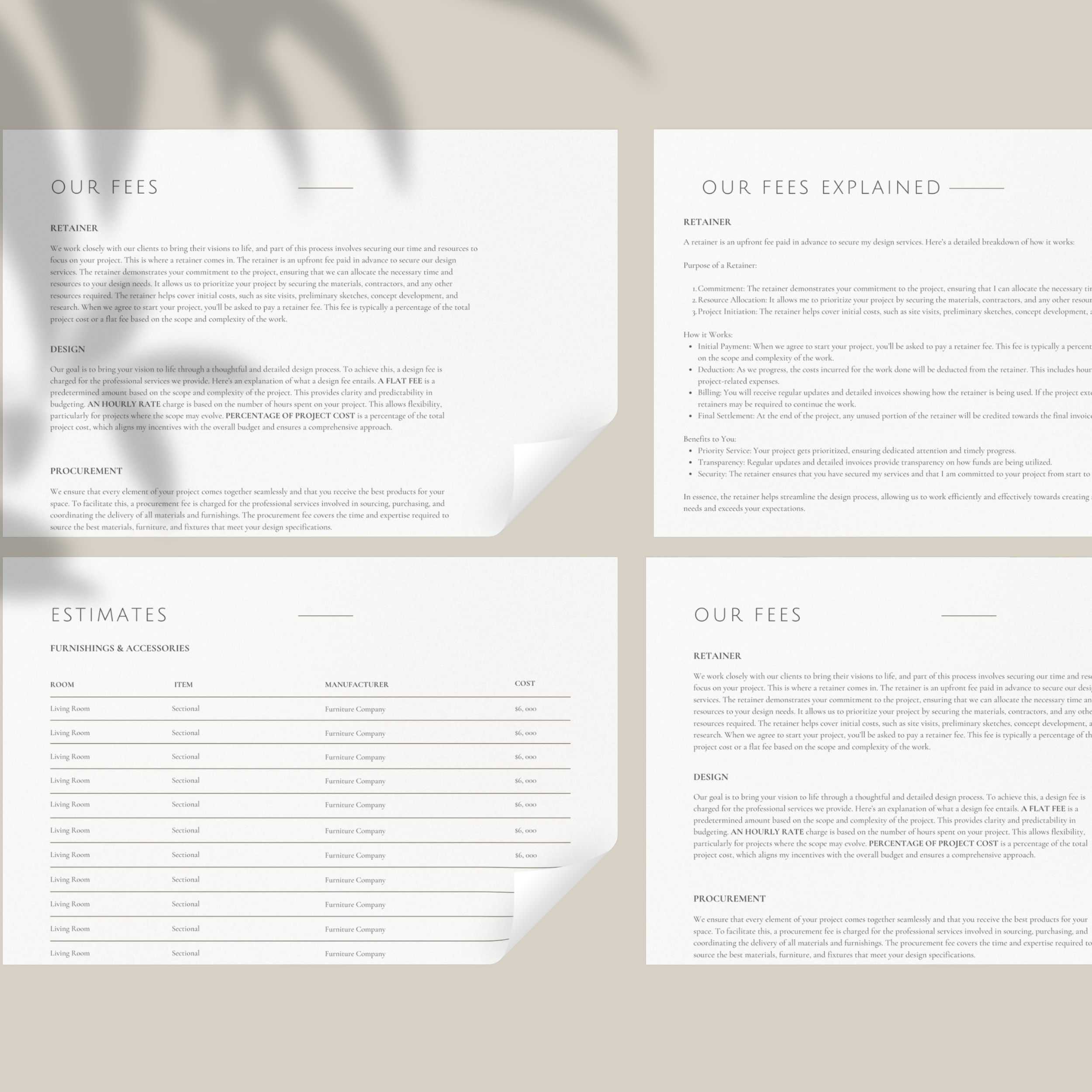 Fees and payment structure pages on an investment and service guide for interior designers. Pages are white on a neutral background, examples of Canva templates.