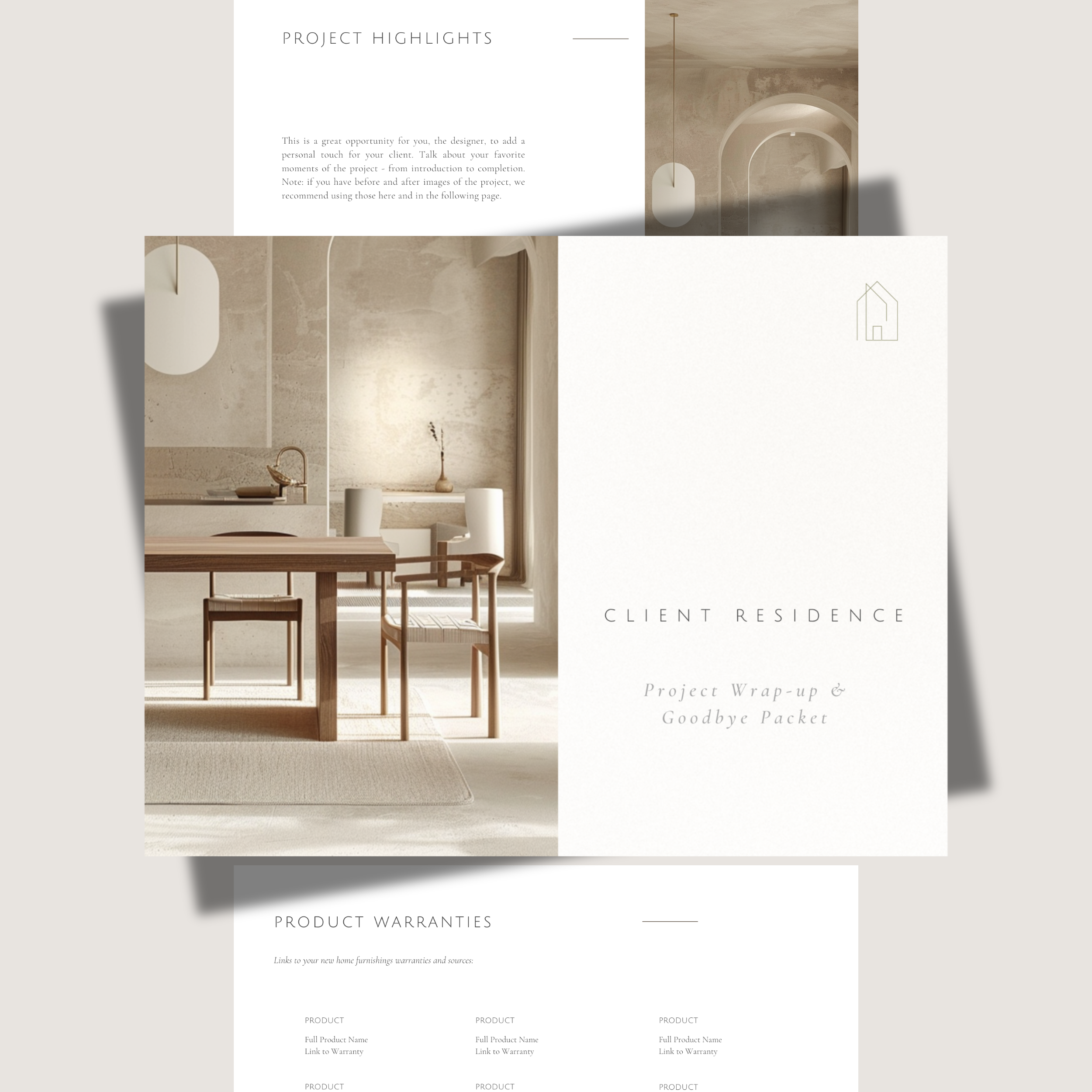 Modern, simple neutral style custom interior design templates for a client handover, goodbye packet. Printed on sheets of paper on a neutral background.