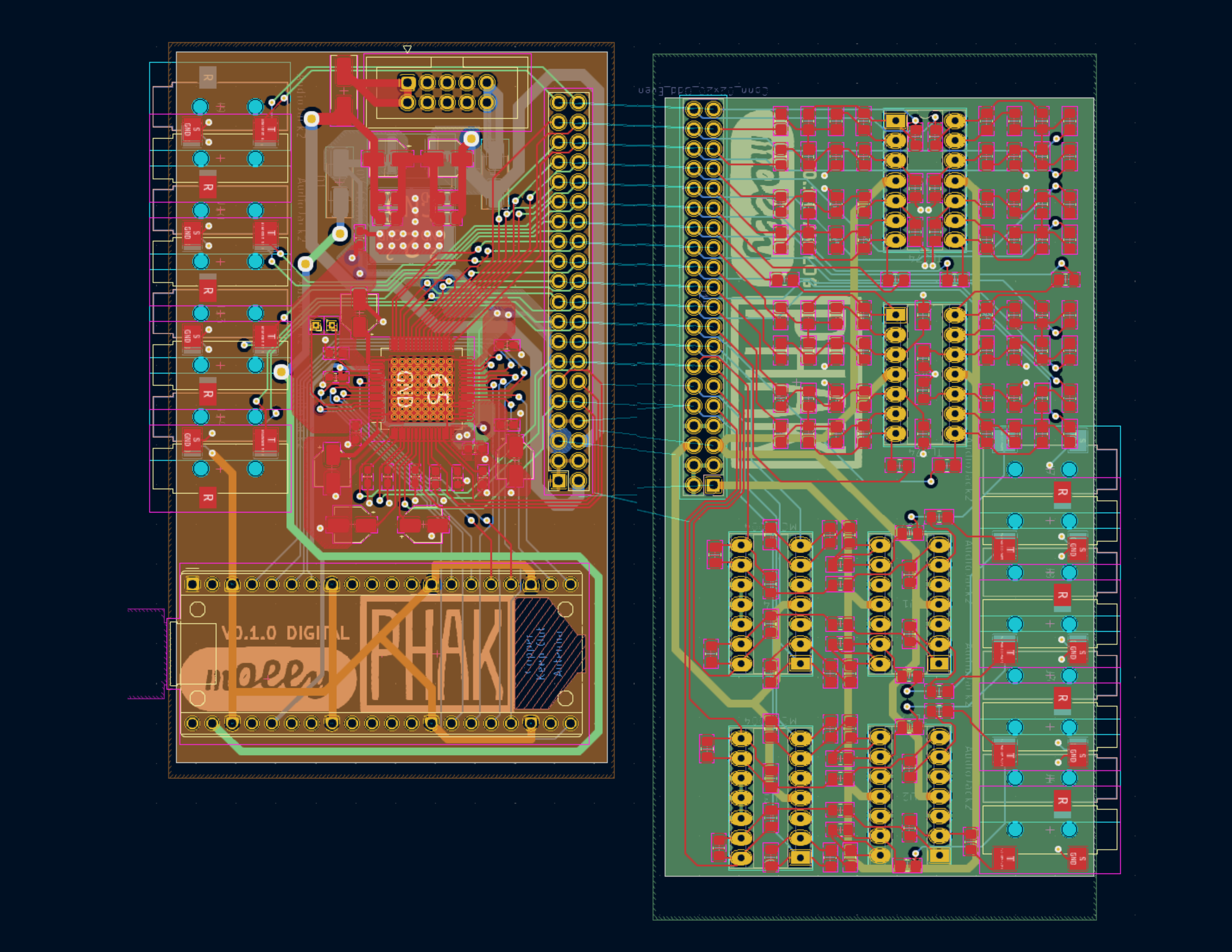 I designed the PHAK sound module to be separated into two boards for digital and analog signals. This was mainly a manufacturing and testing optimization as this configuration was less expensive.