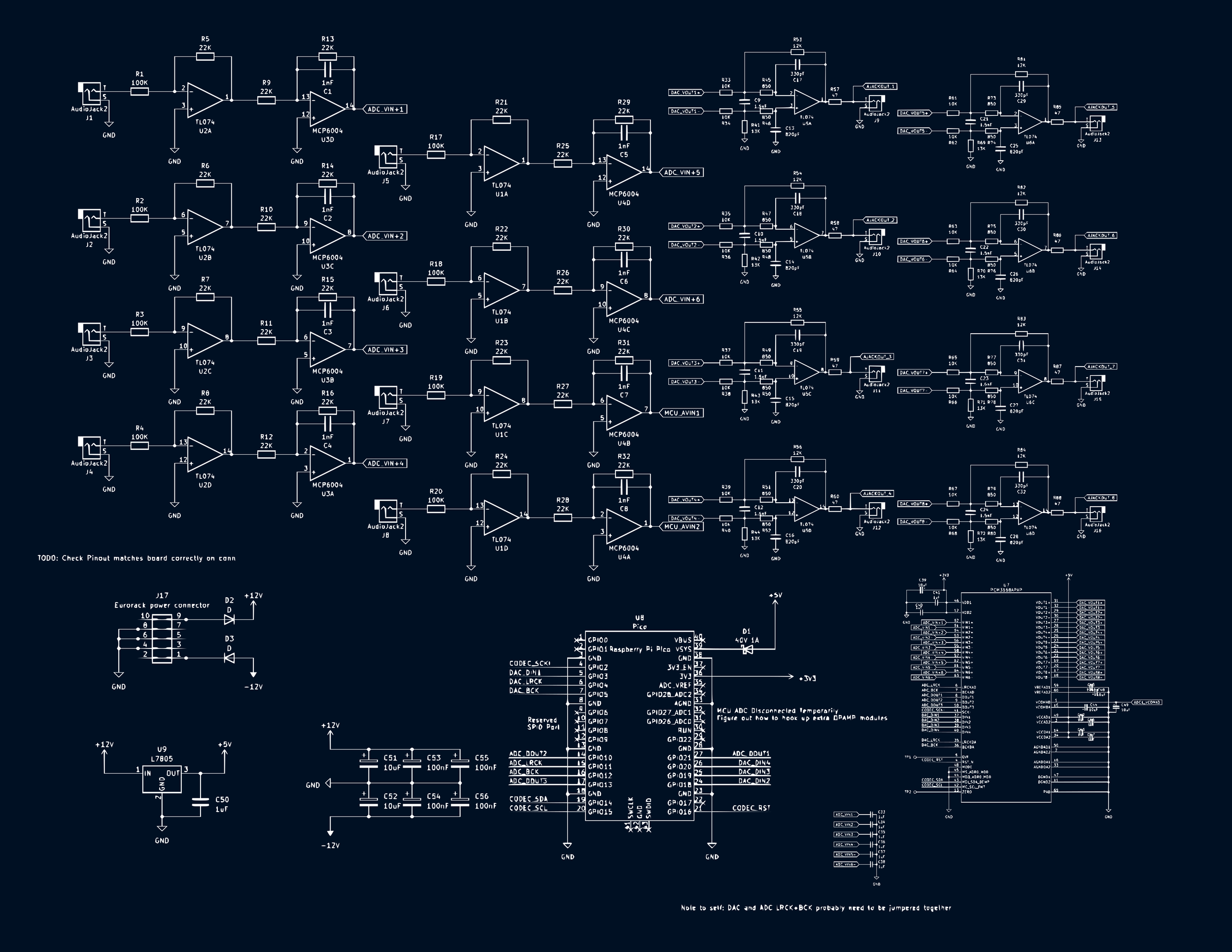 I designed this board schematic to handle eight inputs split between six high fidelity channels handled by a dedicated Texas Instruments ADC/DAC, and two low-frequency control voltage channels handled by the microcontroller's built in ADC. The 8 anal
