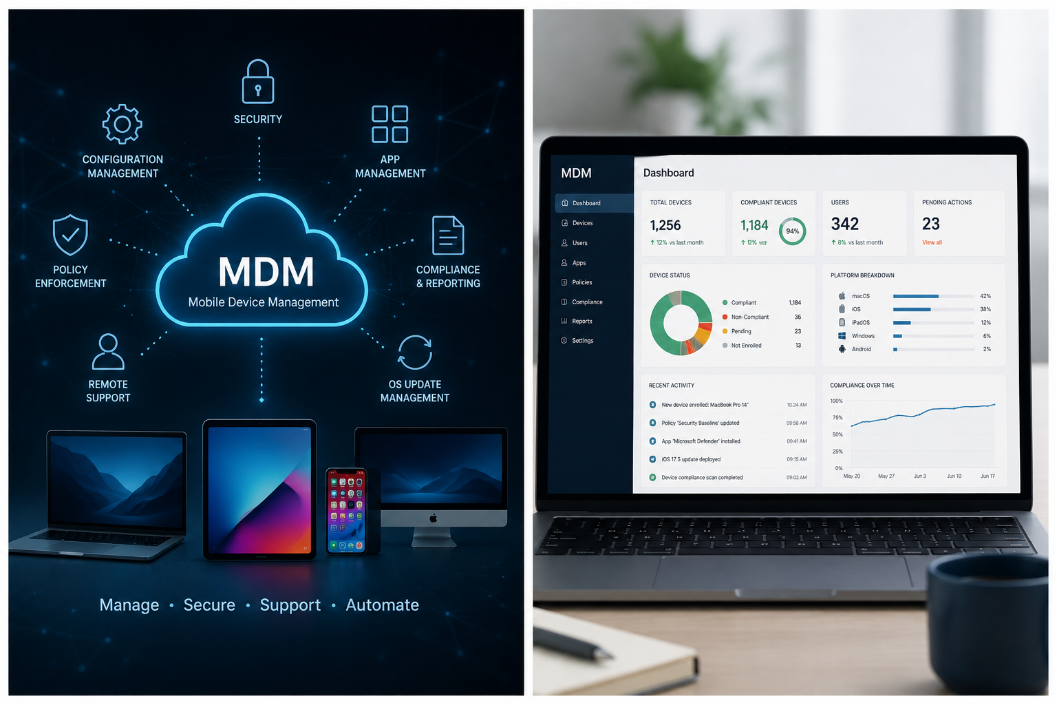 Left side of the image displays a digital graphic about mobile device management (MDM) features such as security, app management, policy enforcement, remote support, and OS update management, with illustrations of different devices. The right side shows a laptop screen with an MDM dashboard featuring device counts, compliance status, device distribution, recent activity, and a compliance over time graph.