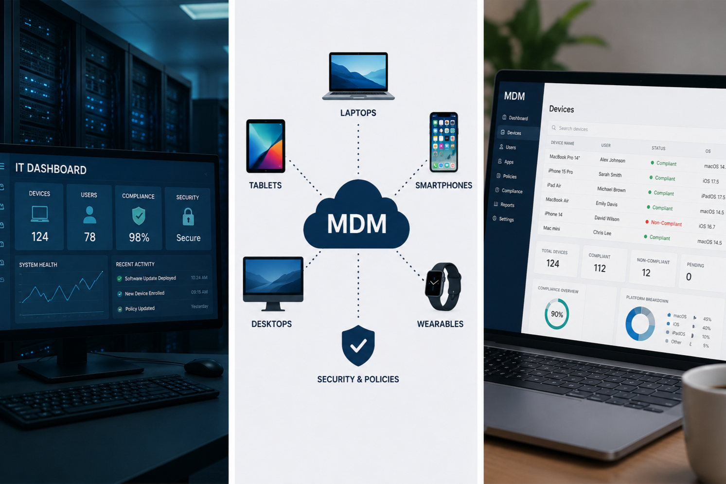 A diagram showing various devices connected to MDM in the center, including laptops, tablets, desktops, smartphones, and wearables. Surrounding the diagram are screens displaying IT dashboard statistics, device compliance statuses, and system activity.