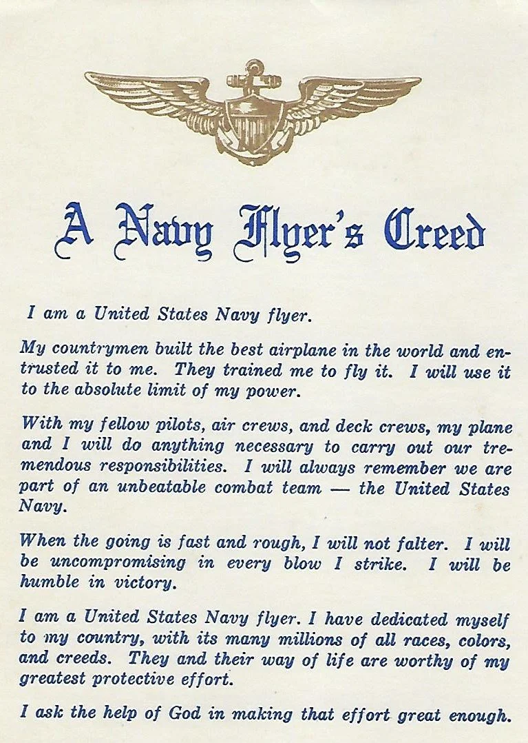 Image of the Navy Flyer's Creed with text describing the commitment of a United States Navy flyer. It includes the Naval Aviators Wings at the top.