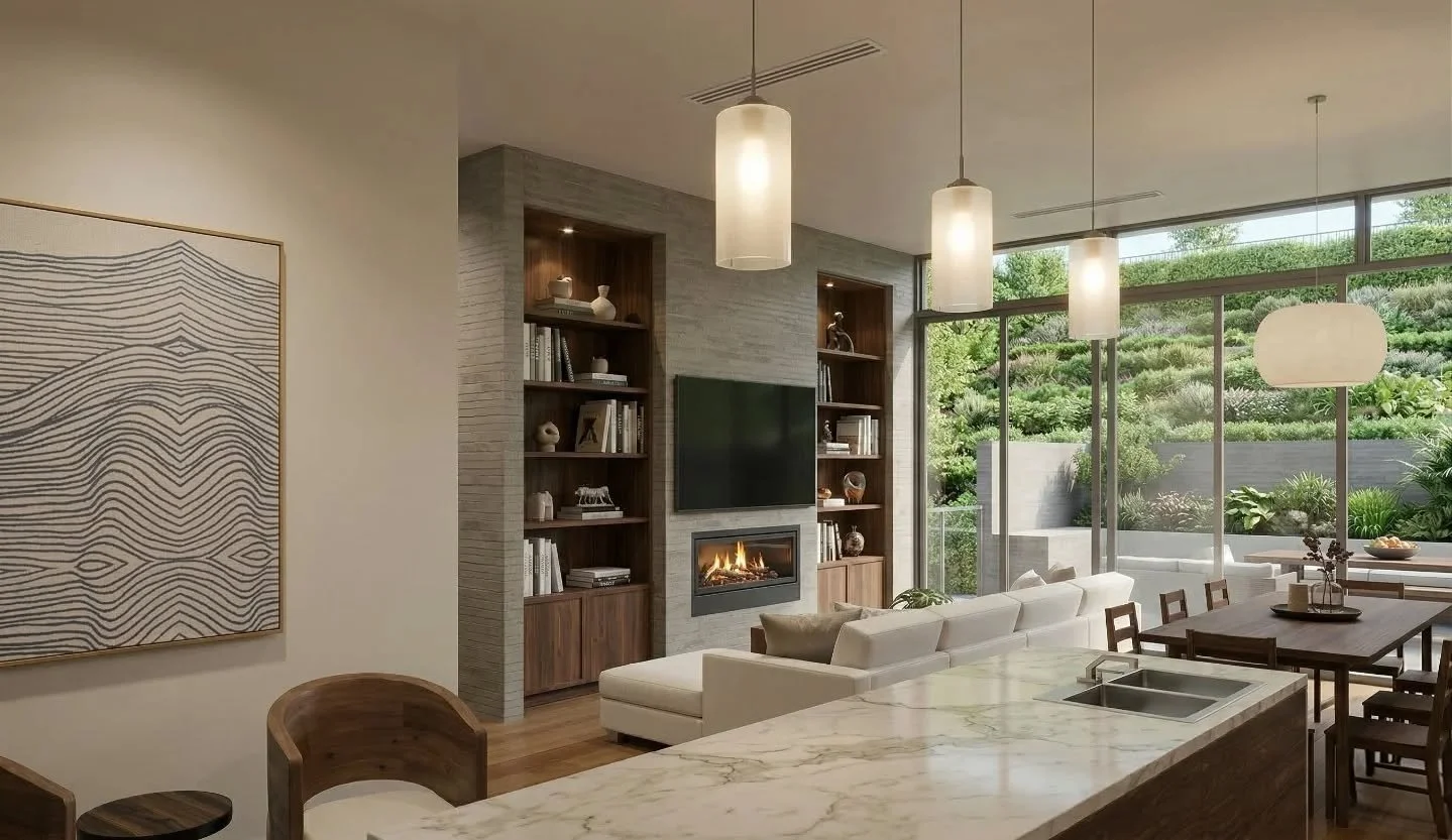 In the Design Development phase of this Pacific Palisades fire rebuild, we&rsquo;re focusing on how light and material work together to create a sense of calm. From the custom built-ins and integrated fireplace to the way the evening light hits the m