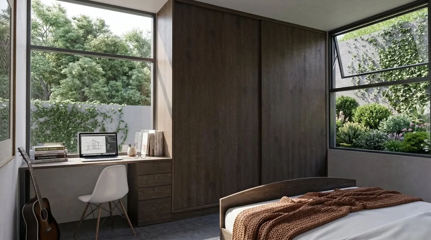 The Art of the ADU.

​A look at the primary suite currently in development for a Pacific Palisades rebuild. By utilizing integrated custom millwork and strategic window placement, the design maximizes both footprint and natural light.

​Modern resili