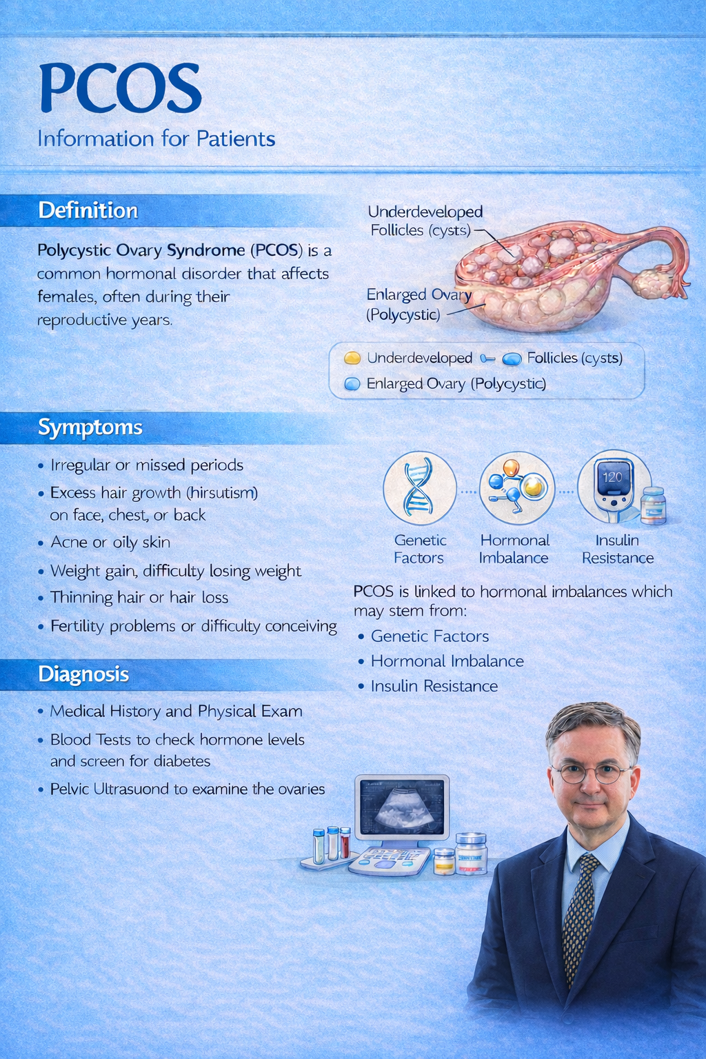 An informational poster about Polycystic Ovary Syndrome (PCOS), including diagram of an enlarged ovary with cysts, symptoms list, factors causing PCOS, and a doctor standing next to medical equipment.