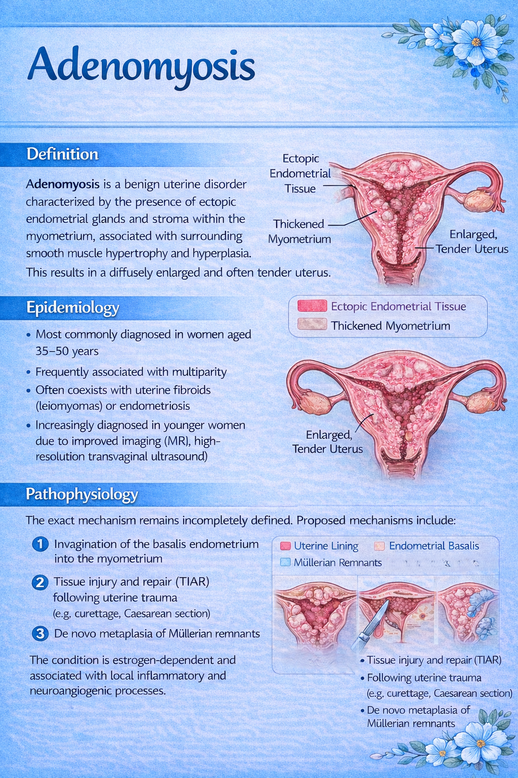 An educational diagram explaining adenomyosis, showing images of a uterus with thickened myometrium and ectopic endometrial tissue, alongside text descriptions of its definition, epidemiology, and pathophysiology. The diagram includes color-coded tissue labels and illustrations of tissue injury and repair processes.