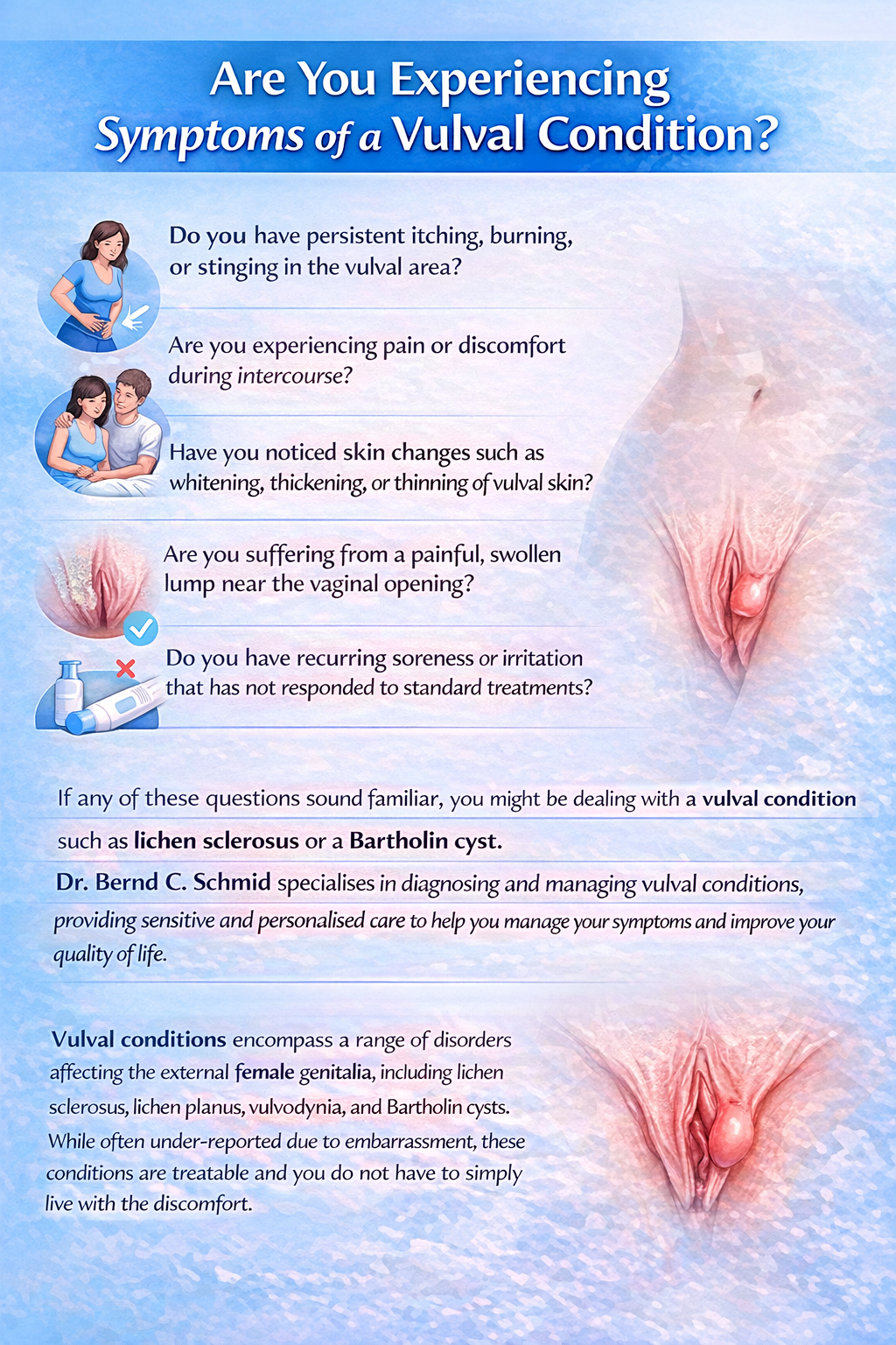A informational poster about vulval conditions with questions and illustrations of a woman holding her vulva, a couple sitting on a bed, and an illustration of vulval anatomy.