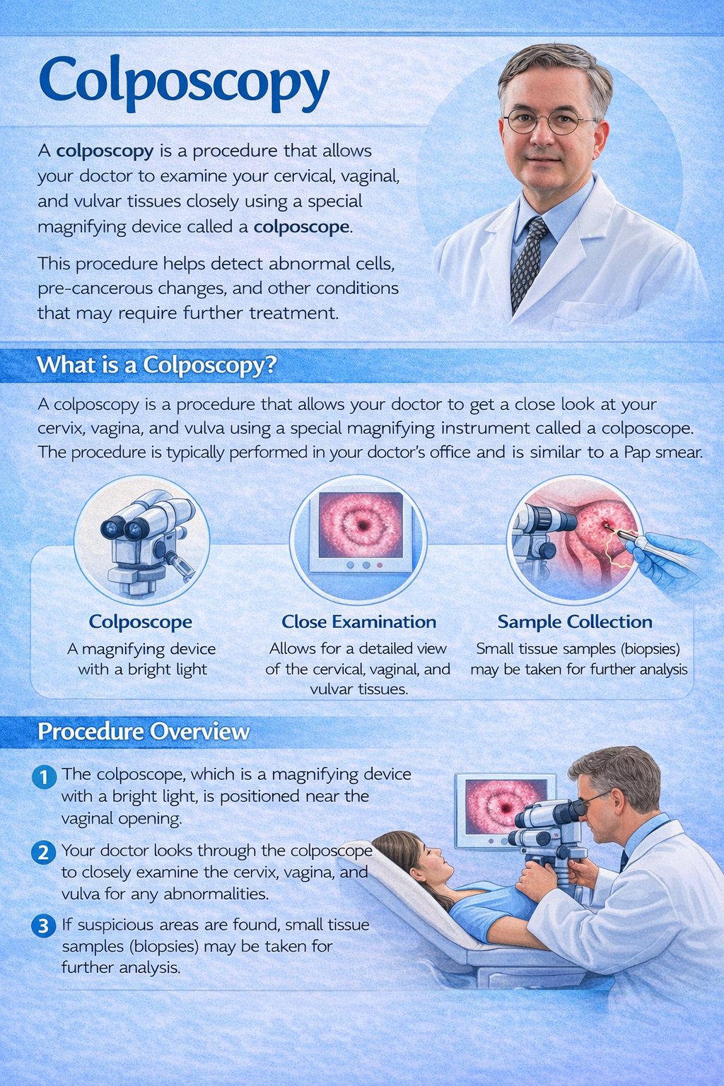 Informational poster about colposcopy procedure with an image of a doctor and a patient undergoing examination, and illustrations explaining the colposcope, close examination, and sample collection.