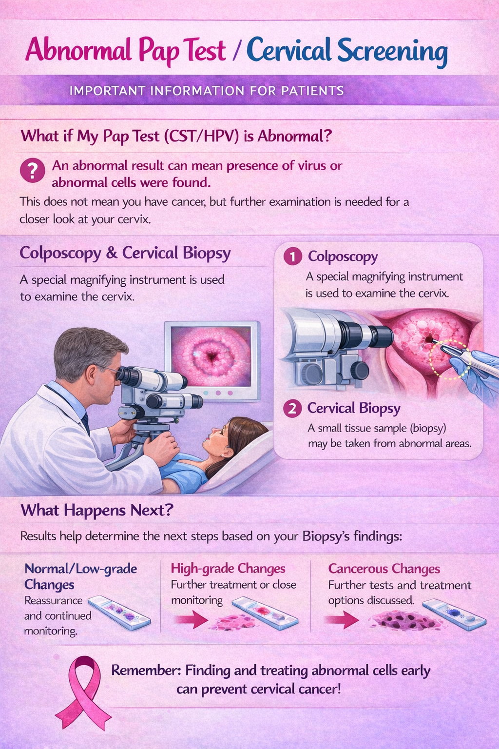 An informational infographic about abnormal pap tests and cervical screening, including explanations of colposcopy and cervical biopsy, with illustrations of a healthcare professional performing the procedures and a cervix.