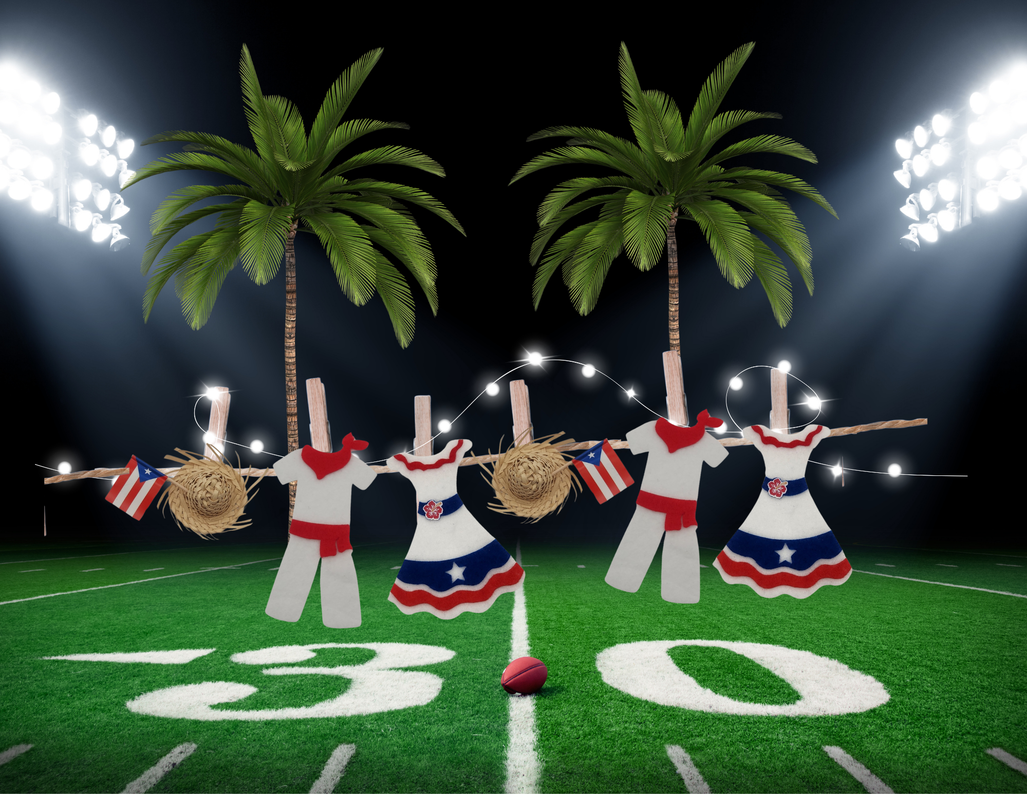 Jibaro Puerto Rican Theme Patriotic Clothes Line Garland, Red White Blue Felt Fabric Dresses and Outfit with Mini Pavita Hats, 3ft Decorative Garland String with Wooden Clips, Christmas Decorations