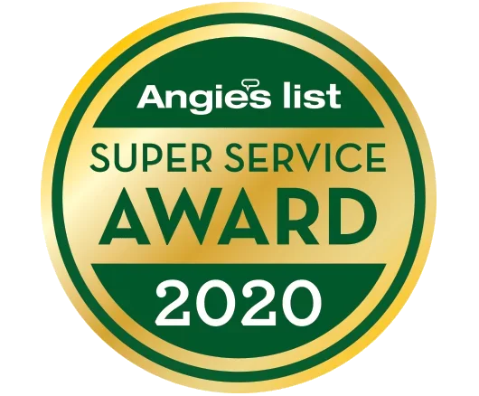 Gold and green circular badge that reads "Angie’s list SUPER SERVICE AWARD 2020"