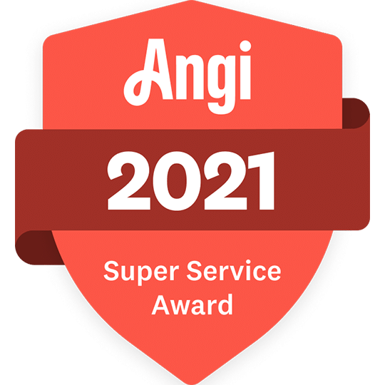 Angi 2021 Super Service Award badge with a red shield design and white and red text.