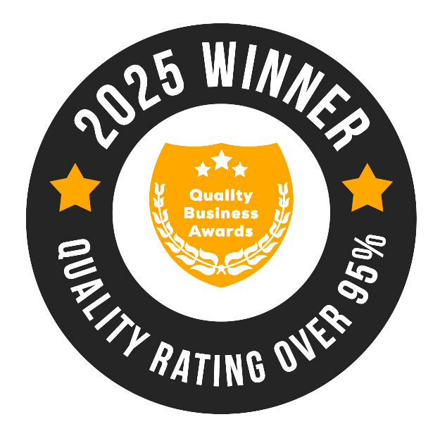 A badge design featuring a black circular border with the text '2025 WINNER' at the top and 'QUALITY RATING OVER 95%' at the bottom, surrounding a gold shield with three black stars at the top, the words 'Quality Business Awards' in the center, and decorative laurel leaves.