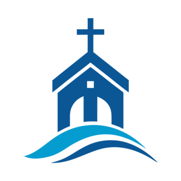 A blue church building with a cross on top, set against a white background.