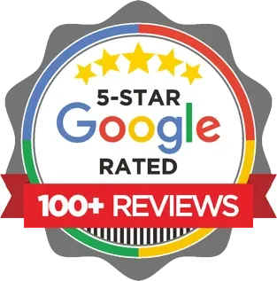 Google 5-star rating badge with over 100 reviews, featuring red, green, yellow, blue, and black colors.