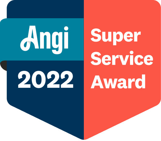 An award badge with a shield shape. The left side is teal with white text that reads 'Angi 2022'. The right side is coral with white text that reads 'Super Service Award'.