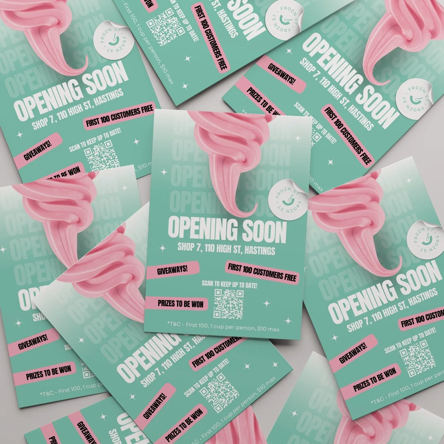 Grand opening posters made for @froznst 

Honestly had SO much fun creating this package for Frozn St! The bright colours and fun vibe makes everything pop and I&rsquo;m all here for it 🤩

#logo
#graphicdesign
#branding
#logodesigner
#logodesign