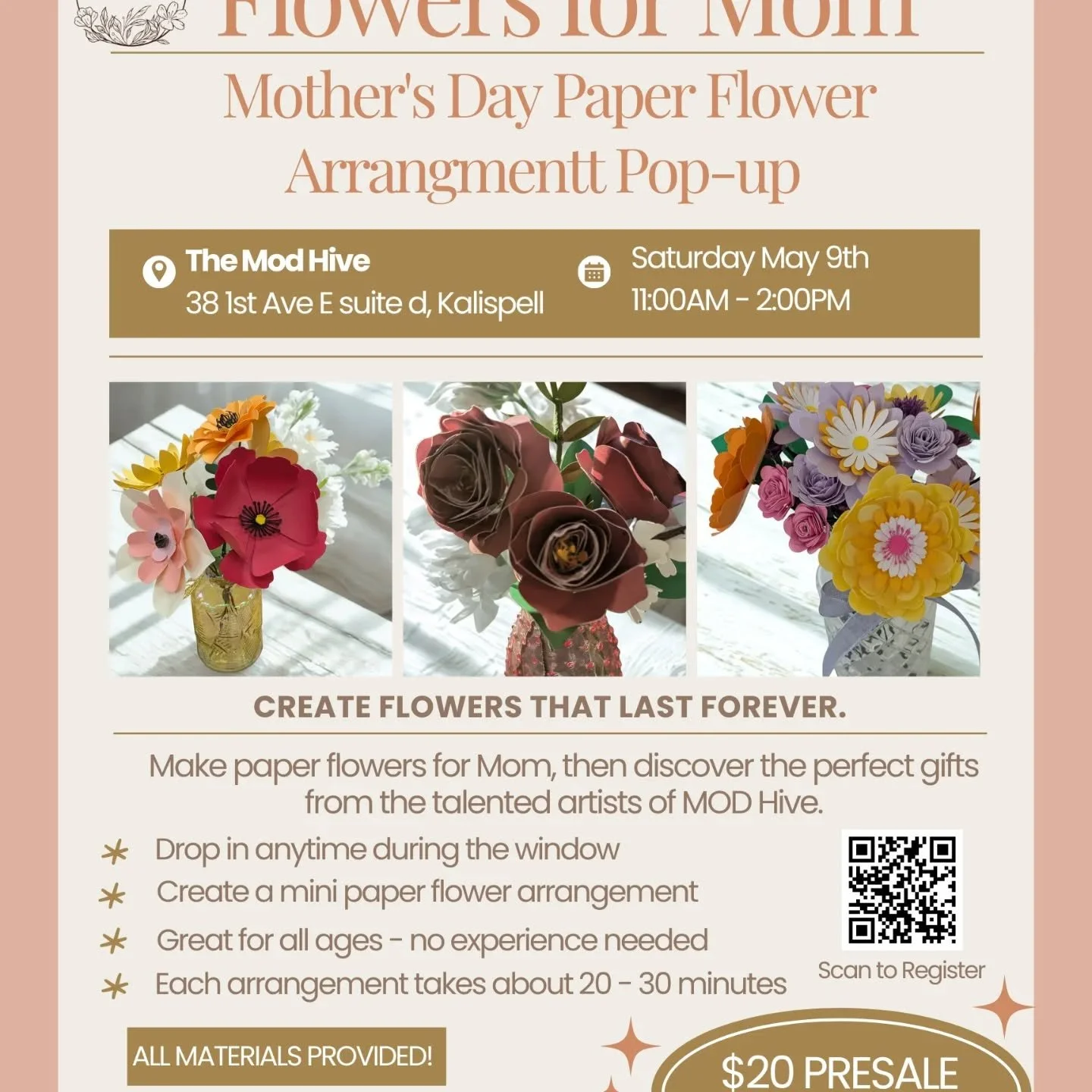 Create a paper flower arrangement for Mom &mdash; or spend time creating together. 🌿

I&rsquo;ll show you a few simple techniques, then you&rsquo;ll choose your blooms and design something uniquely yours.

A flower that lasts forever 💐
Drop in, cre