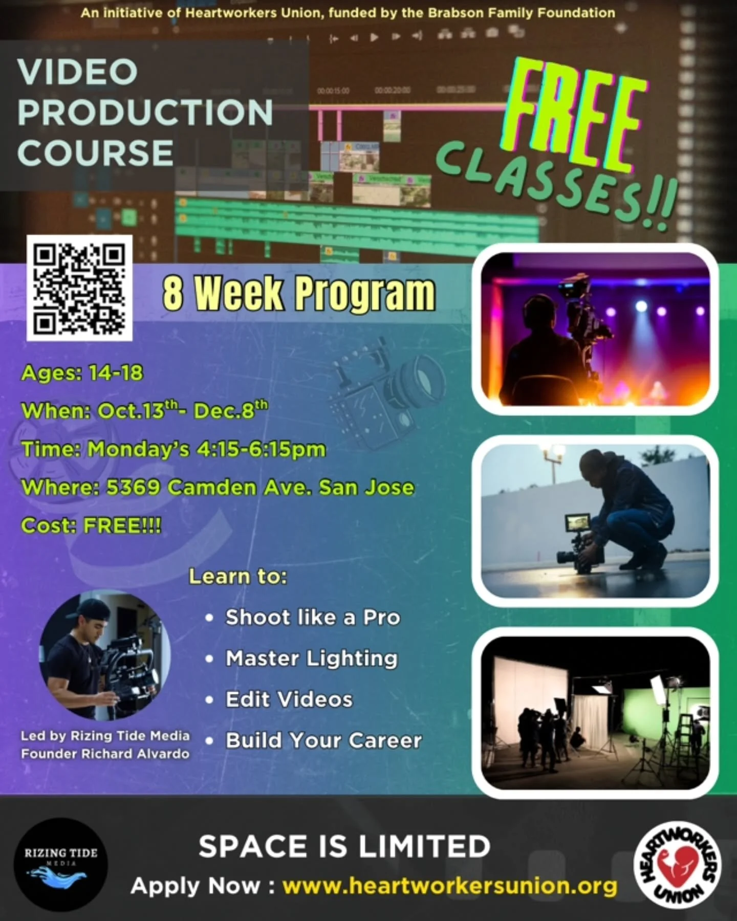 🚨🚨🚨🎬📸✨️🔥🔥
We are launching a FREE 8 Week Video Production Course starting soon taught by @richvizual at @rizingtidemedia in South San Jose❗️❗️❗️ This is an amazing opportunity for any youth age 14-18 who are interested in learning Videography,