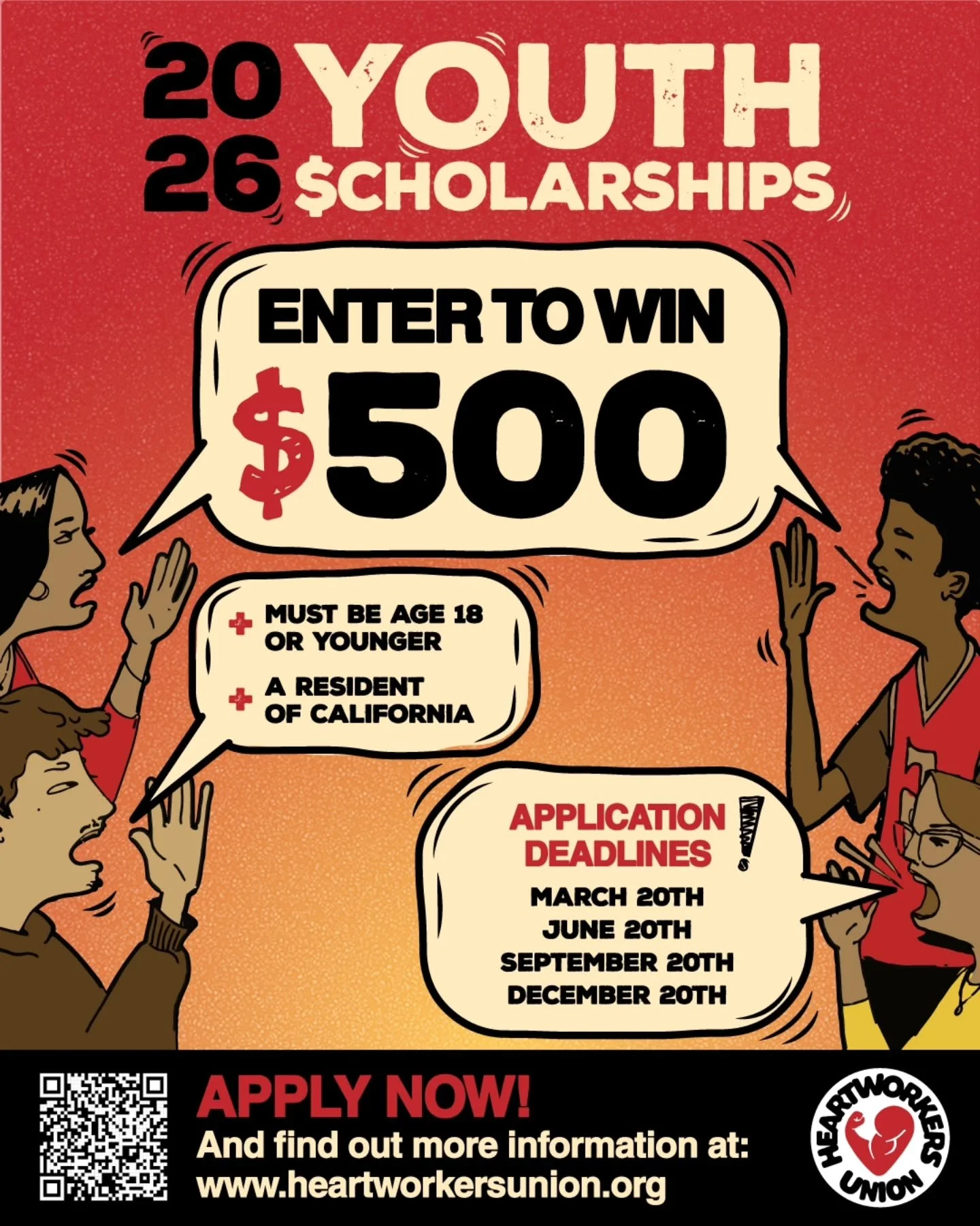 ONE MONTH LEFT TO APPLY FOR OUR FIRST SCHOLARSHIP OF 2026 👀👀

California residents age 18&amp;under have until March 20th to apply! All details on our website: www.heartworkersunion.org 

Applicants must write 300+ word essay introducing themselves