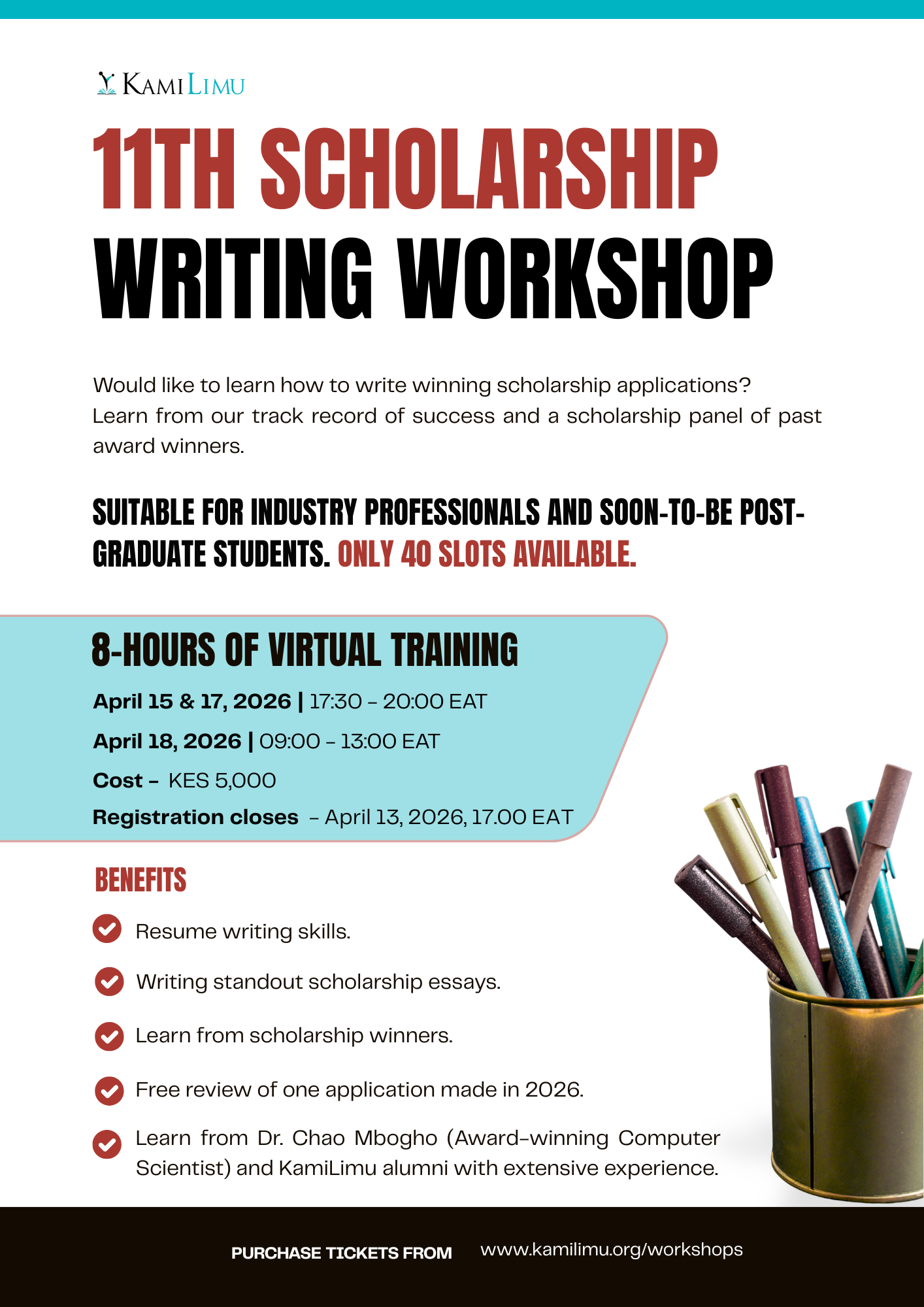 A scholarship workshop poster showing benefits and ticket prices