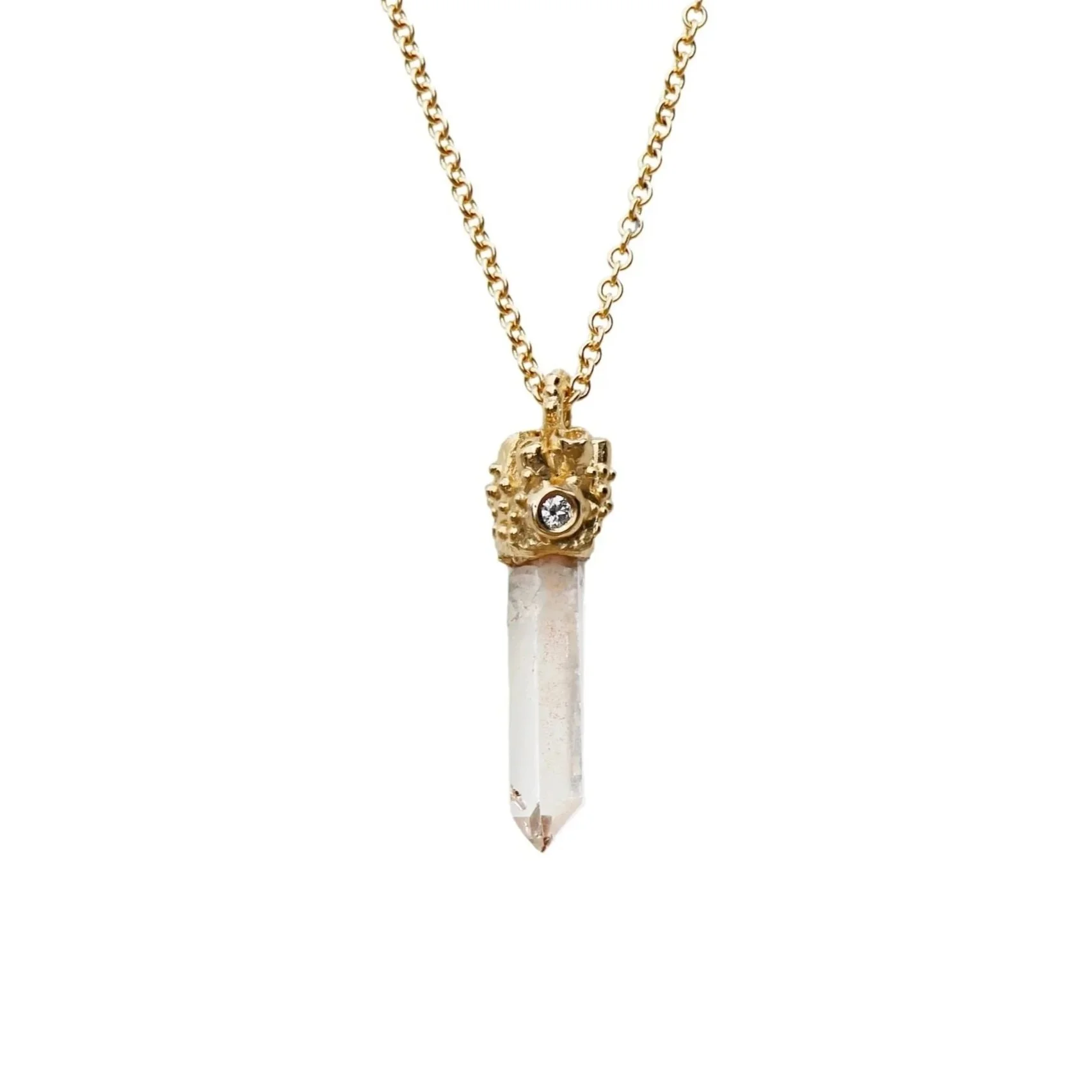Quartz Wand Lichen Cone with Diamond Necklace 14k Yellow Gold
